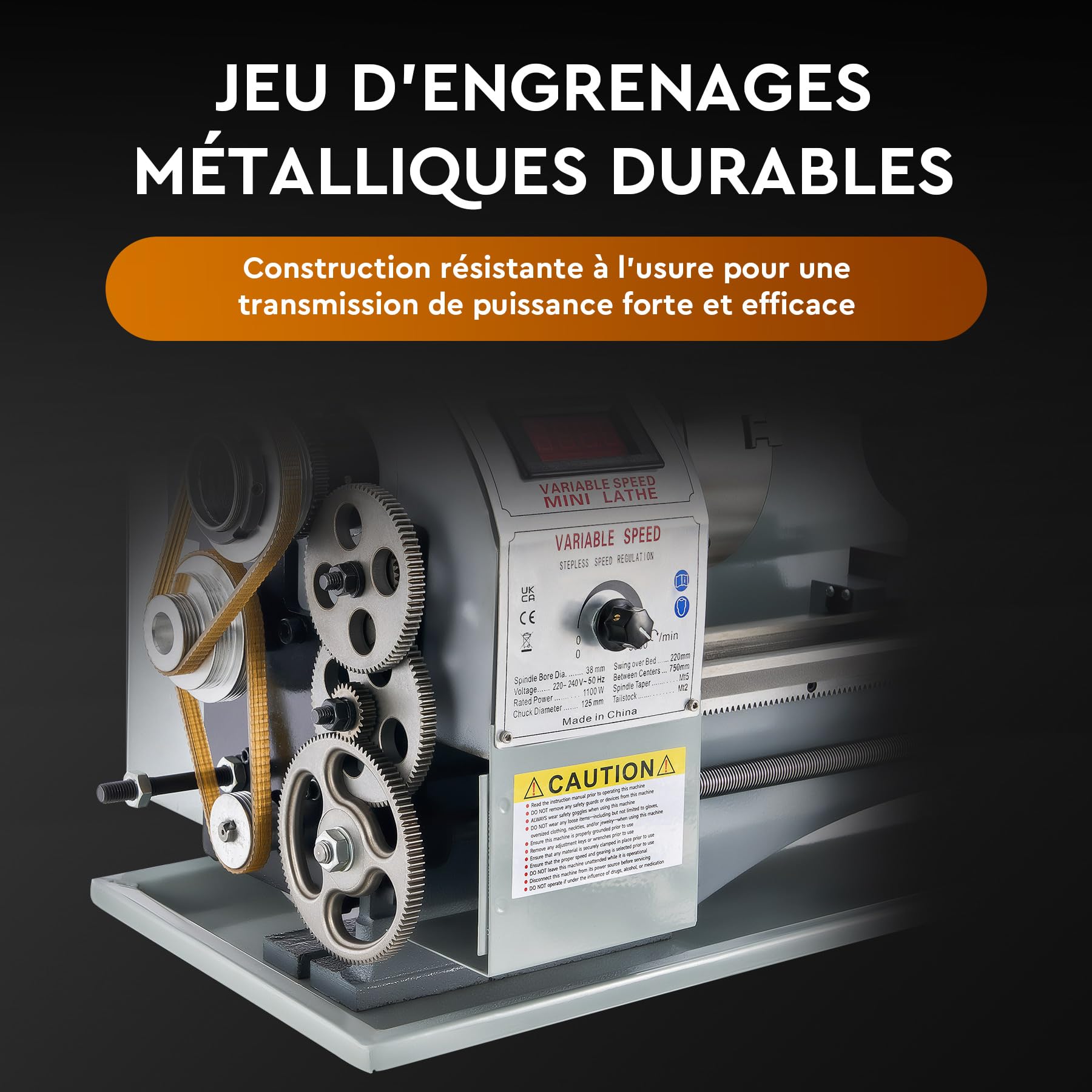 CREWORKS 1100W 220x750mm Tour à Métaux, Tour à Métaux de Précision, Tour Électronique Professionnel pour Traitement de Pièces de Précisions, Mini Tour Métaux de Table de Précision