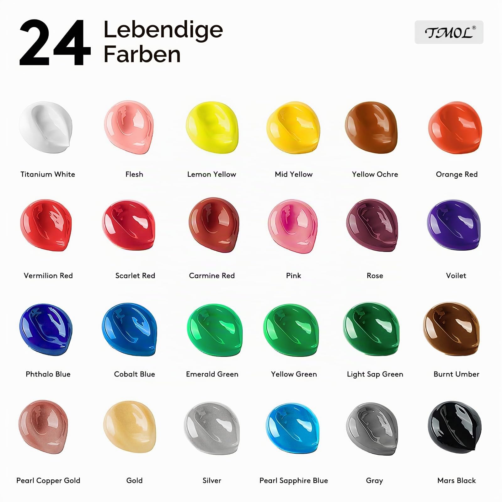Acrylfarben Set, 24 Farben x 60 ml + 12 Pinsel, Acrylic Paint Set, Künstlerbedarf für Leinwand, Holz, Keramik, Stoffe, ungiftige Reiche Pigmente Acrylfarbe für Anfänger, Studenten, Profis, Künstler