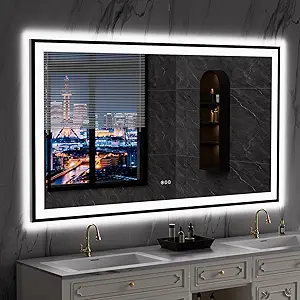 LOAAO 77"X36" LED Bathroom Mirror Black Framed, Anti-Fog, Dimmable, Lighted Bathroom Vanity Mirror for Wall, Memory Function, Tempered Glass