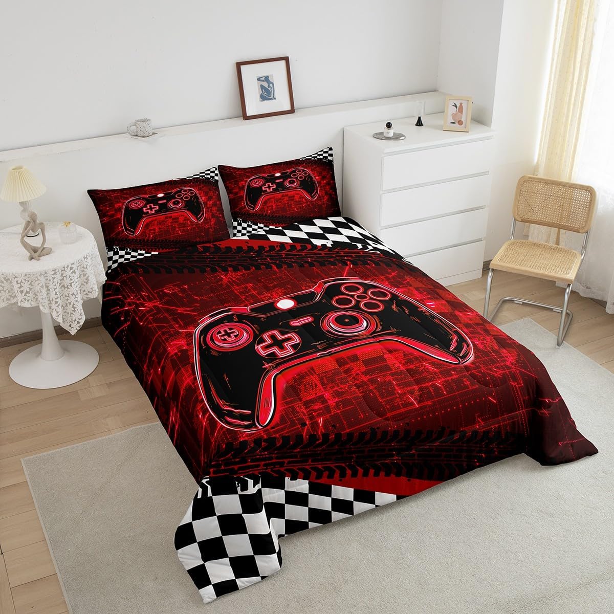 Red Gamer Comforter Sets for Boys,3D Cool Gaming Full Size Bedding Set for Boys Kids Gamer Room Decor,Video Game Bedding Comforter Sets Racing Competition Flag Geometric Bed Set,2 Pillow Cases