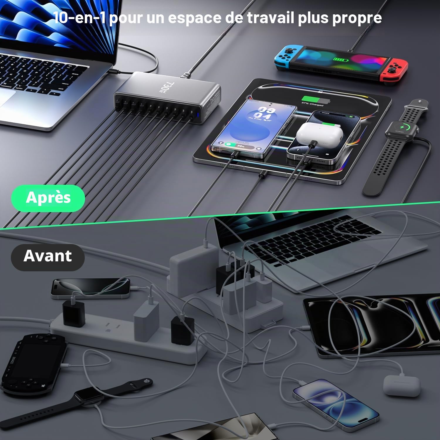 730W USB C Chargeur, Station de Charge 10 Ports de Gan III, Chargeur Rapide Adaptateur Secteur pour Laptop 140W, Alimentation PD, Compatible avec iPhone/Samsung/Google/Laptop/MacBook Pro/Air/Dell