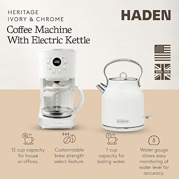 HADEN Coffee Machine, 12 Cup Drip Coffee Maker Bundled with Heritage 1.7 Liter Stainless Steel Electric Kettle, Ivory & Chrome