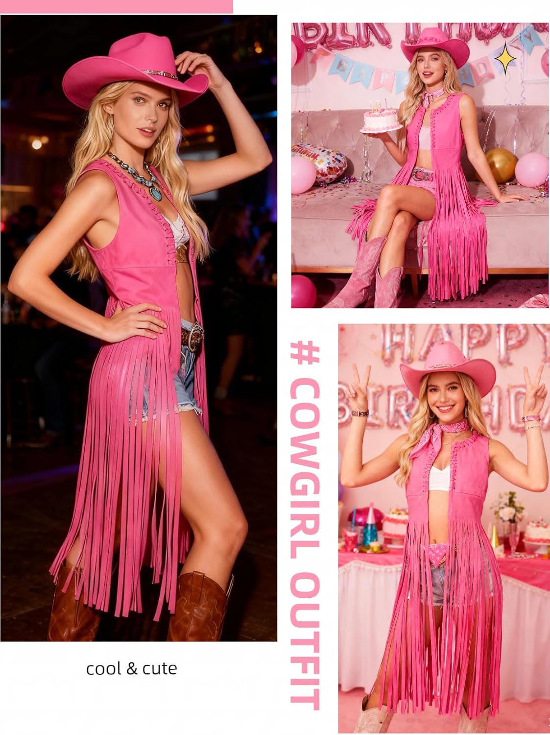 Verceco Cowgirl Outfits for Women Western Retro Cowgirl Costume Country Fringe Vest and Cowboy Hat 6 PC 70s Hippie Outfit - Image 4