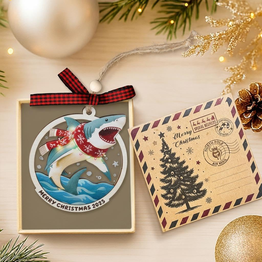 Shark Ornament - Funny Shark Ornaments for Christmas Tree - Sharks Lovers Gifts for Women, Men, Ocean Lover - Ocean Christmas Ornaments - 2 Layers Wood Acrylic Sea Animal Hanging Ornament 2025 - Image 2