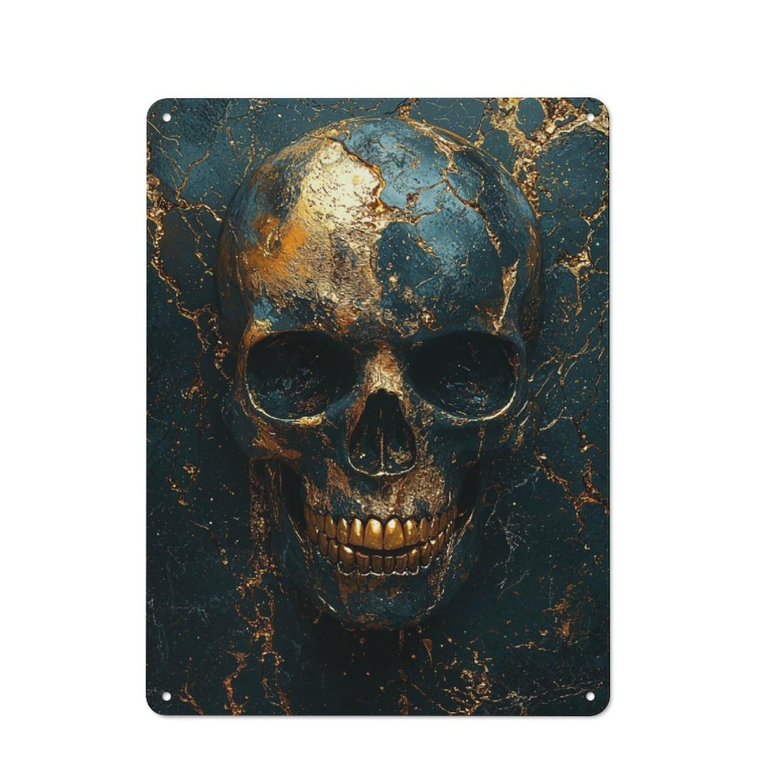 Junmoney Gold Skull On Black Rustic Tin Sign 40X30cm Featuring For Living Room Wall, For Metal Sign Collectors, For Garage And Workshop Walls