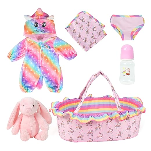 ARTST Reborn Baby Doll Accessories with Bassinet, Rainbow Unicorn Doll Clothes Outfit Set for 17-22 inch Newborn Babies,Realistic Toy Gift for 3-12 Age Girls Boys(NO Doll)
