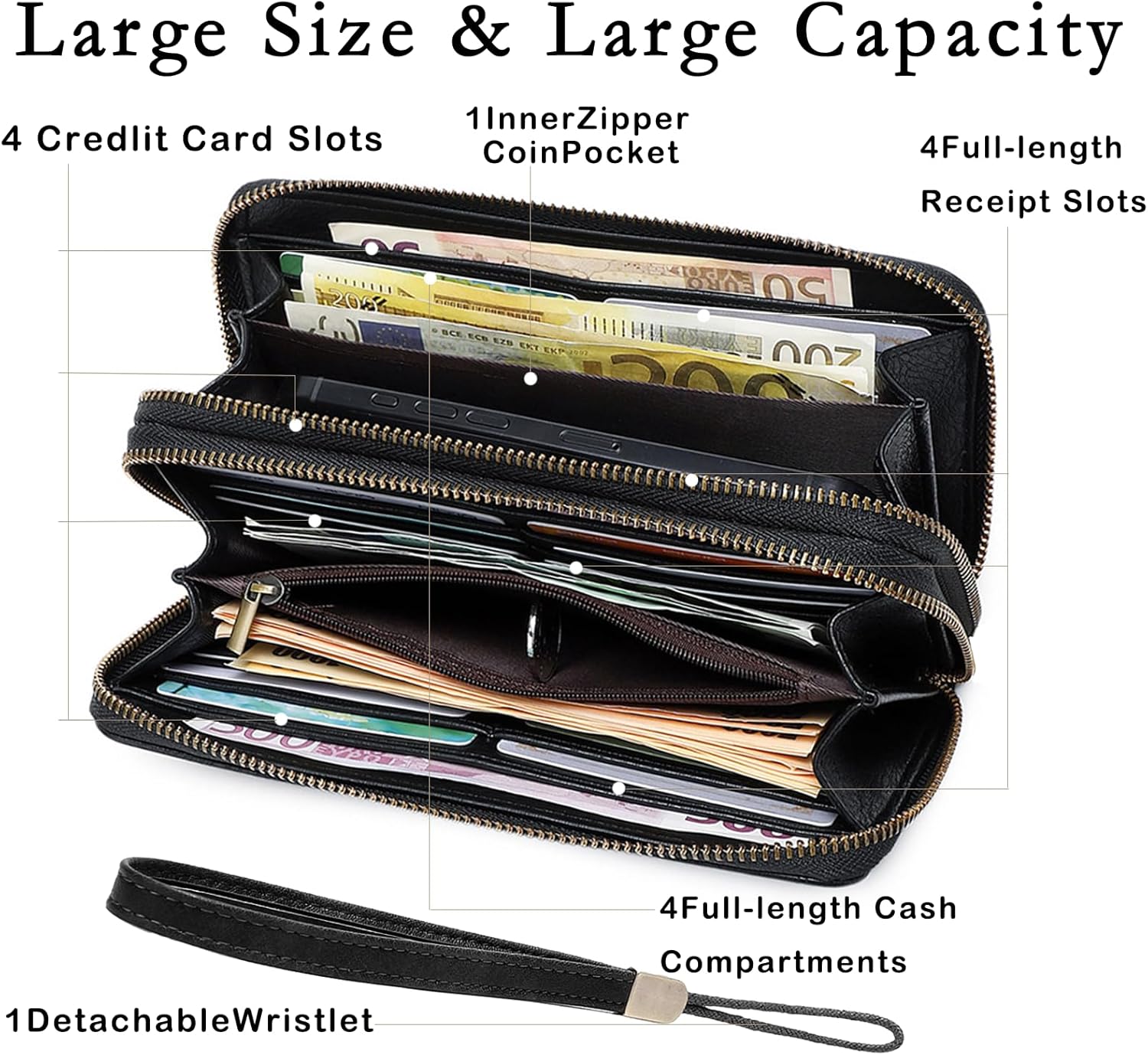 Wallet For Women Large Capacity Wristlet Purse for Women RFID Blocking Multi Clutch Wallet Black - Image 3