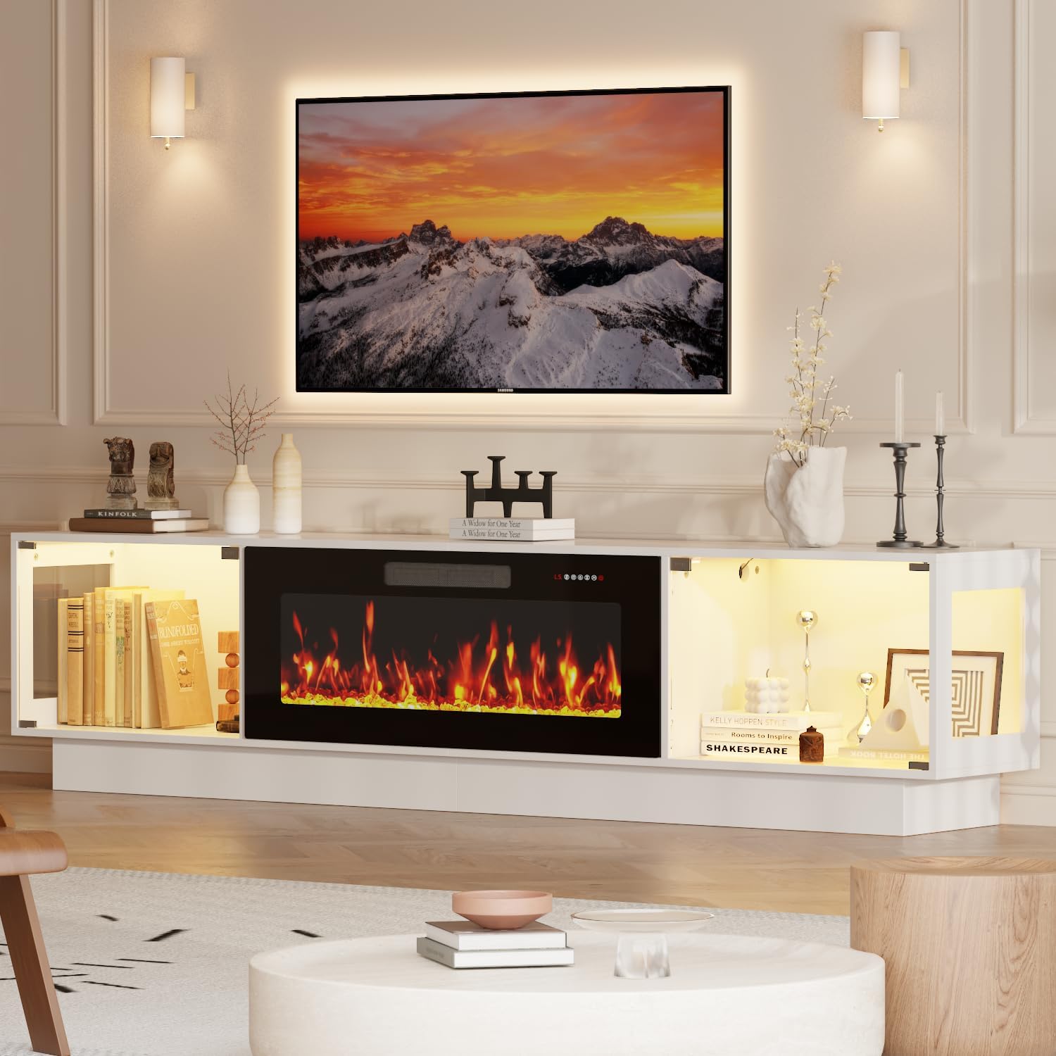 PRETZI 80 Inch Modern Fireplace TV Stand, Luxury TV Stand with 36" Fireplace for TVs Up to 90", Glossy Glass Doors Entertainment Center with Adjustable RGB LED Light for Living Room, White