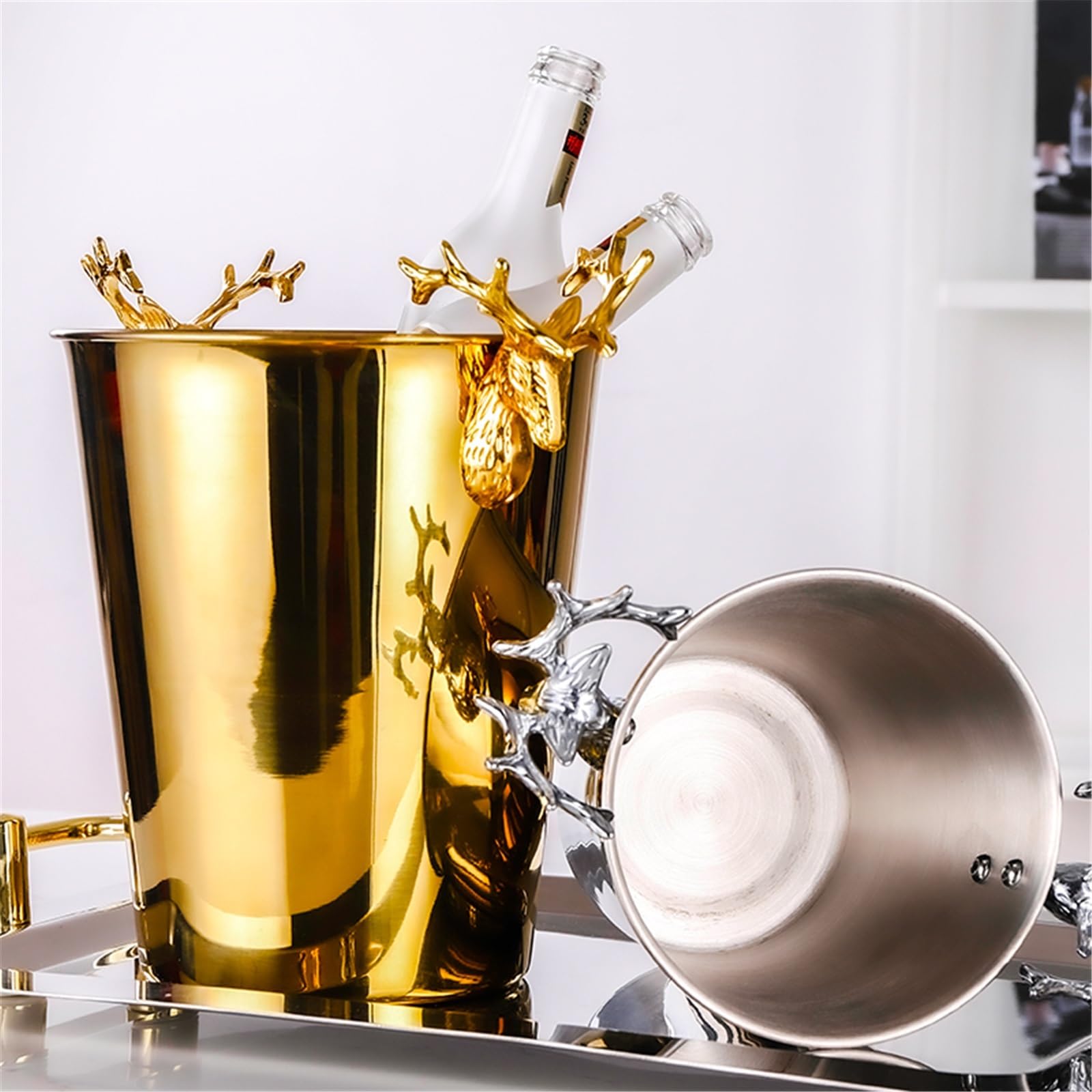 Cubo de Hielo para Bar en casa Cubo de Hielo Creativo Acero Inoxidable, Cubo champán Retro for Bar, Fiesta, Comercial Enfriador de Bebidas y Vino(Gold,Grande)