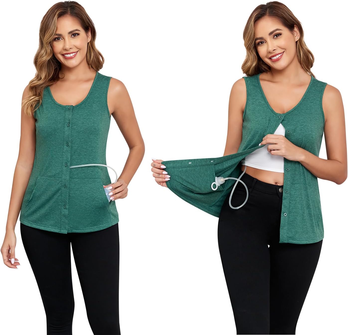 Soanhoo Mastectomy Shirts with Drain Pockets Button Front Tank Tops Breast Cancer Shirt for Women Post Mastectomy Must Haves