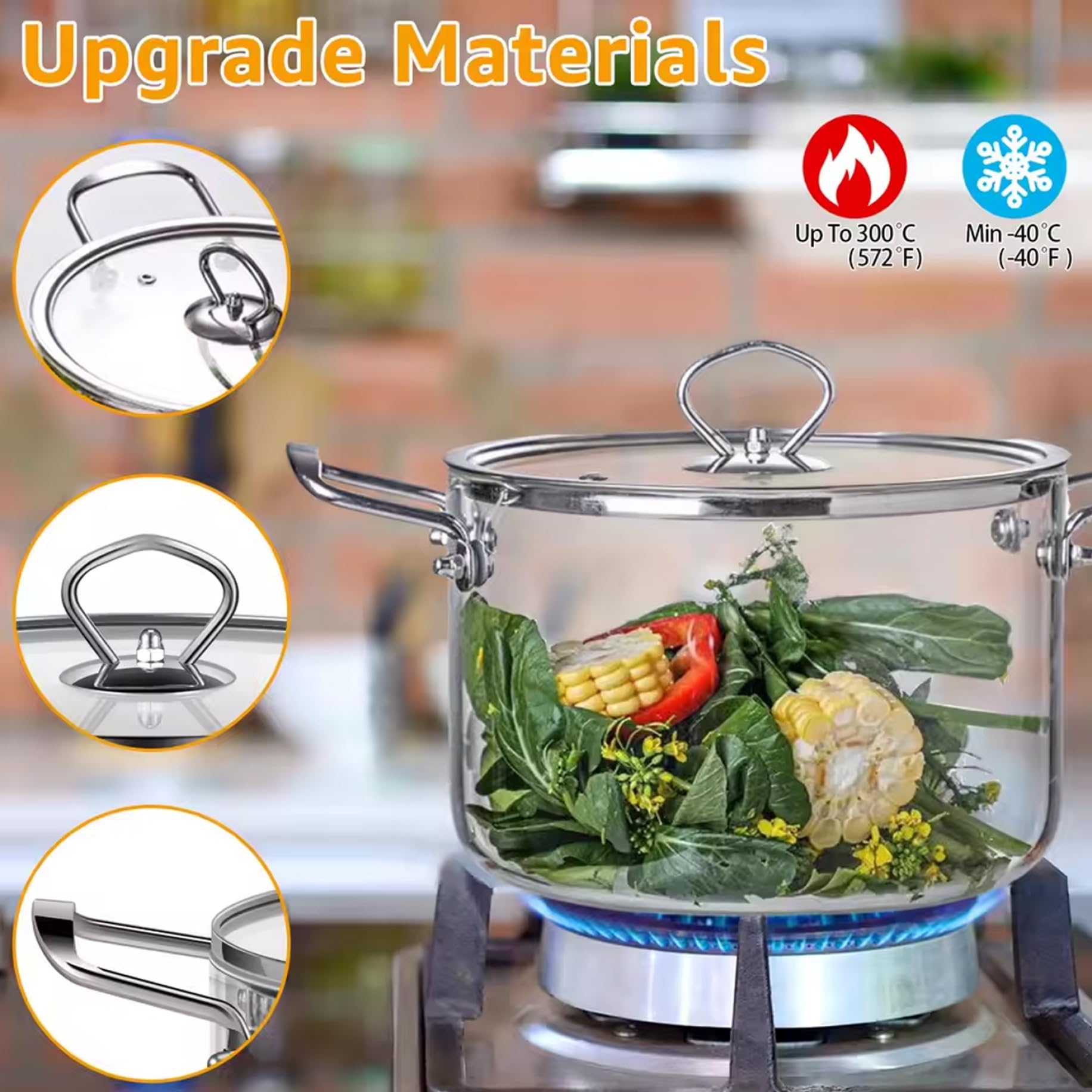 Glastopf mit Deckel, 4 l transparenter Kochtopf mit zwei Edelstahlgriffen zum Kochen von Nudeln und Suppen