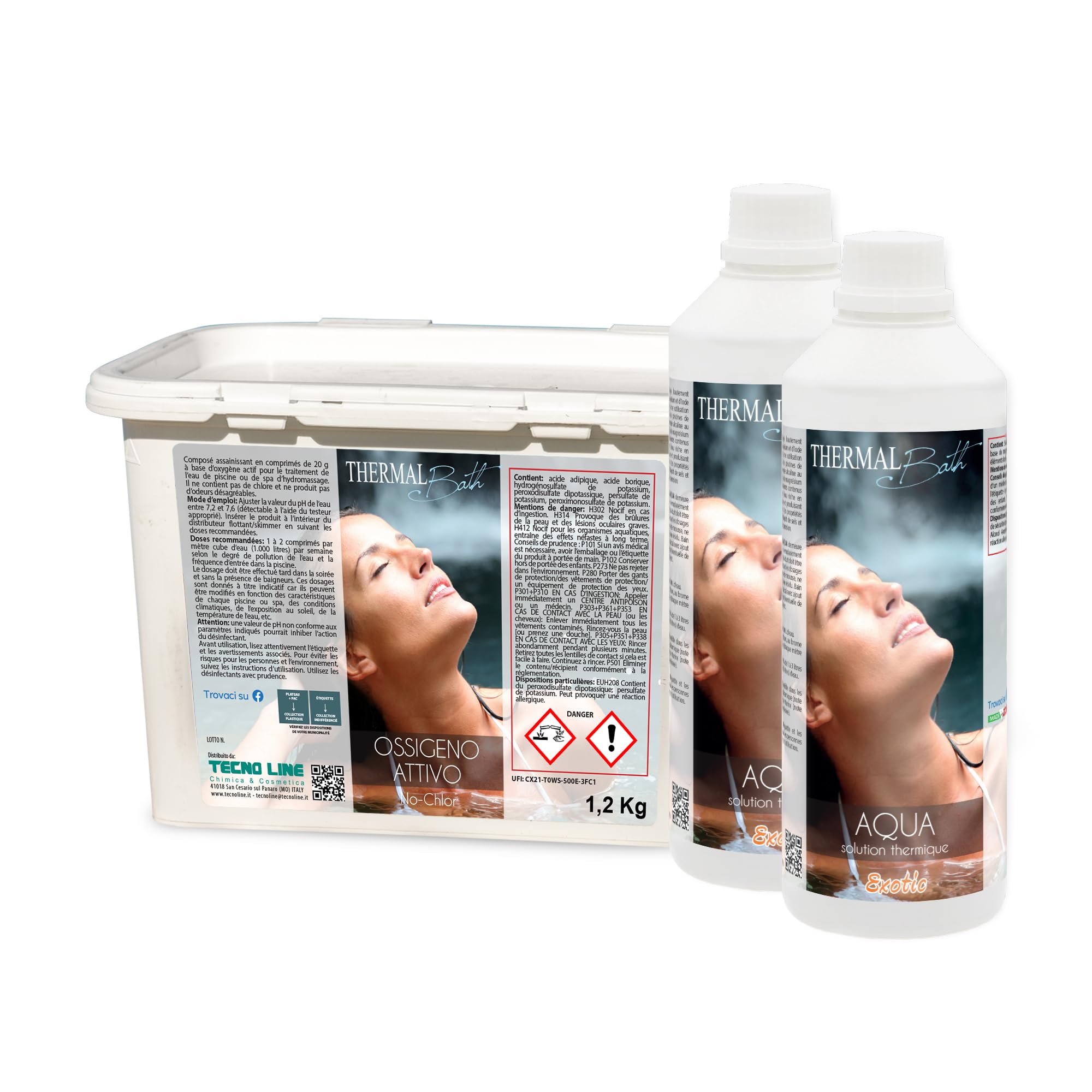 Thermal Bath SET Ossigeno Attivo past 20gr 1,2 Kg + 2pz Aqua Exotic da 1 Lt | Ossigeno Attivo Pastiglie da 20gr e Acqua Termale con Sali Minerali al Profumo Tropicale, Ideale per Piscina e Idromassaggio