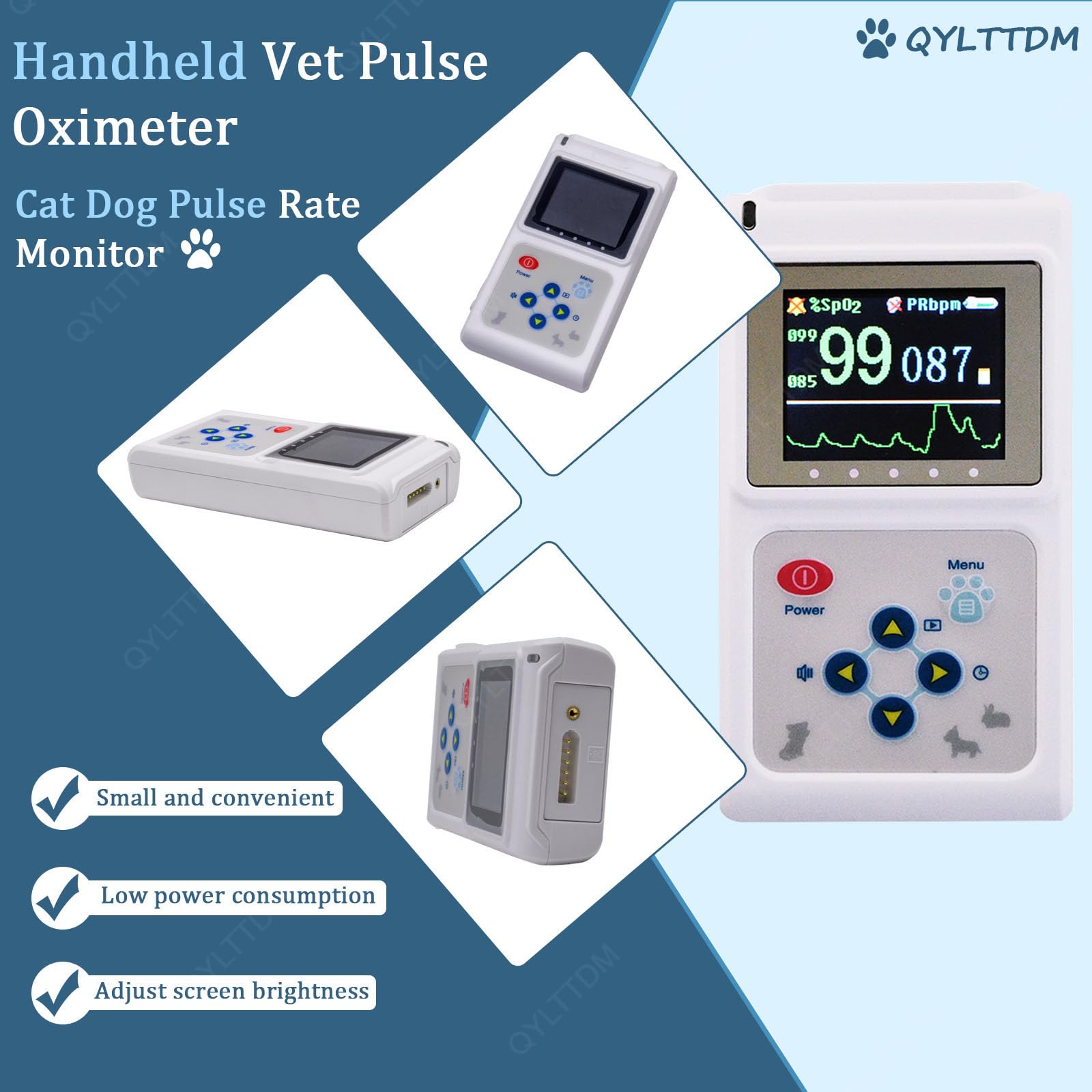 Pulsossimetro Veterinario Portatile con Display A Colori, Sensore Auricolare/Lingua del Monitor della Frequenza Cardiaca, con Sonda E Cavo USB, Funzione di Archiviazione E Riproduzione