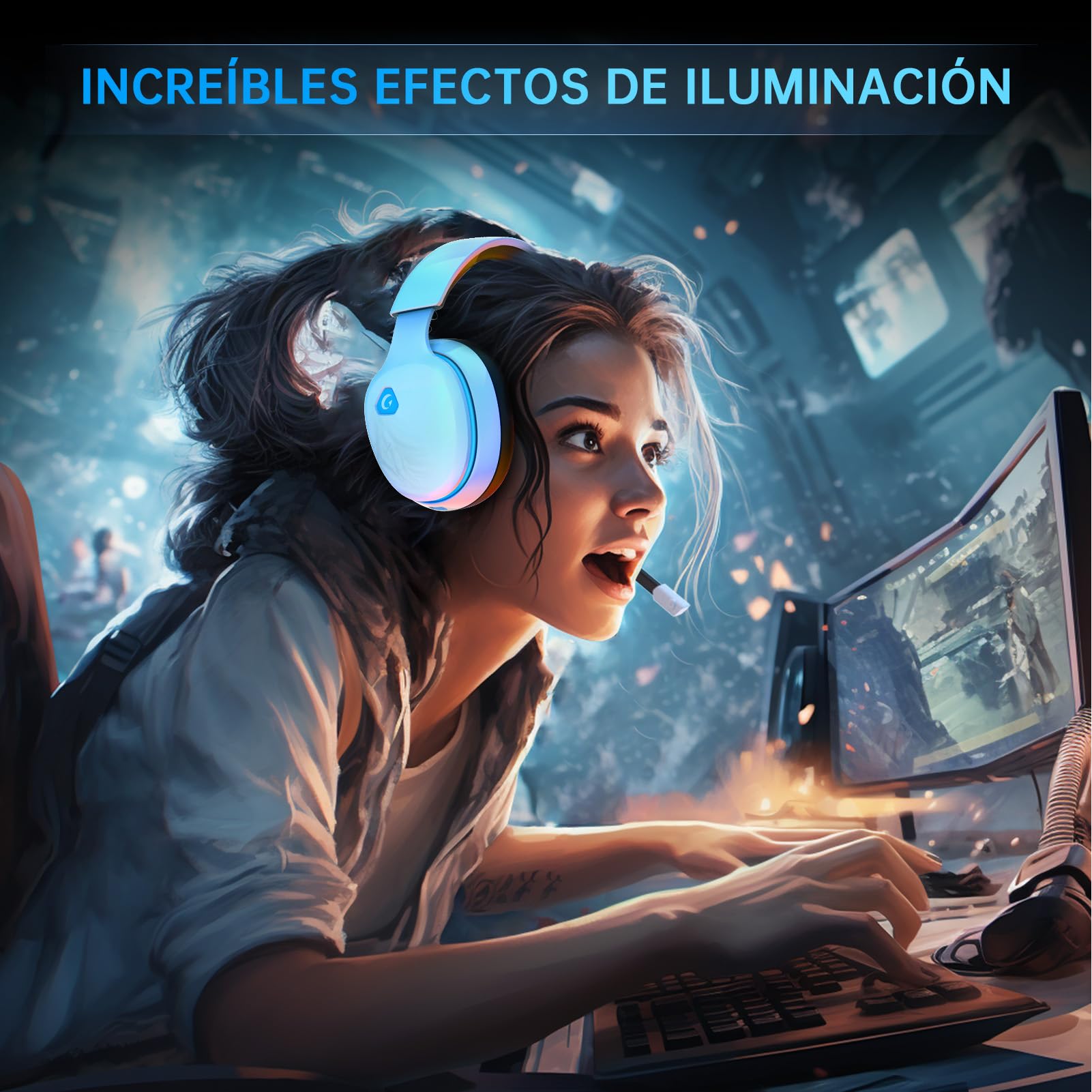 Gvyugke Auriculares Gaming, Auriculares para Juegos de 2,4 GHz para PS5, PC, Auriculares Inalambricos Bluetooth 5.2, Cascos Auriculares con micrófono cancelación, 3,5 mm Auriculares con Cable, Blanco