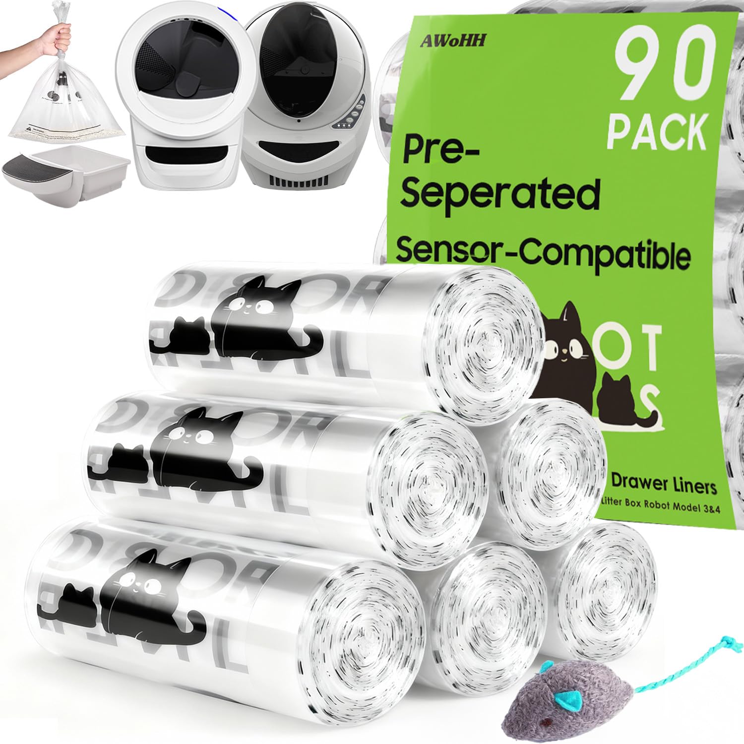 Paquete de 90 cajas de arena para gatos Robot 4 y 3 bolsas de residuos, bolsas de basura automáticas, sin desgarros, compatible con sensores, capacidad de 9-11 galones