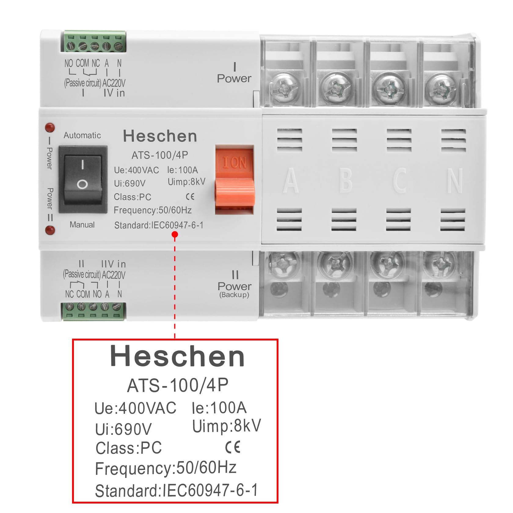 Heschen ATS Doppelstrom-Automatikumschalter, ATS-100 4P 100A, 400 VAC, 8kV, PC-Klasse, automatisch/manuell, für die Umschaltung von Stromkreisen
