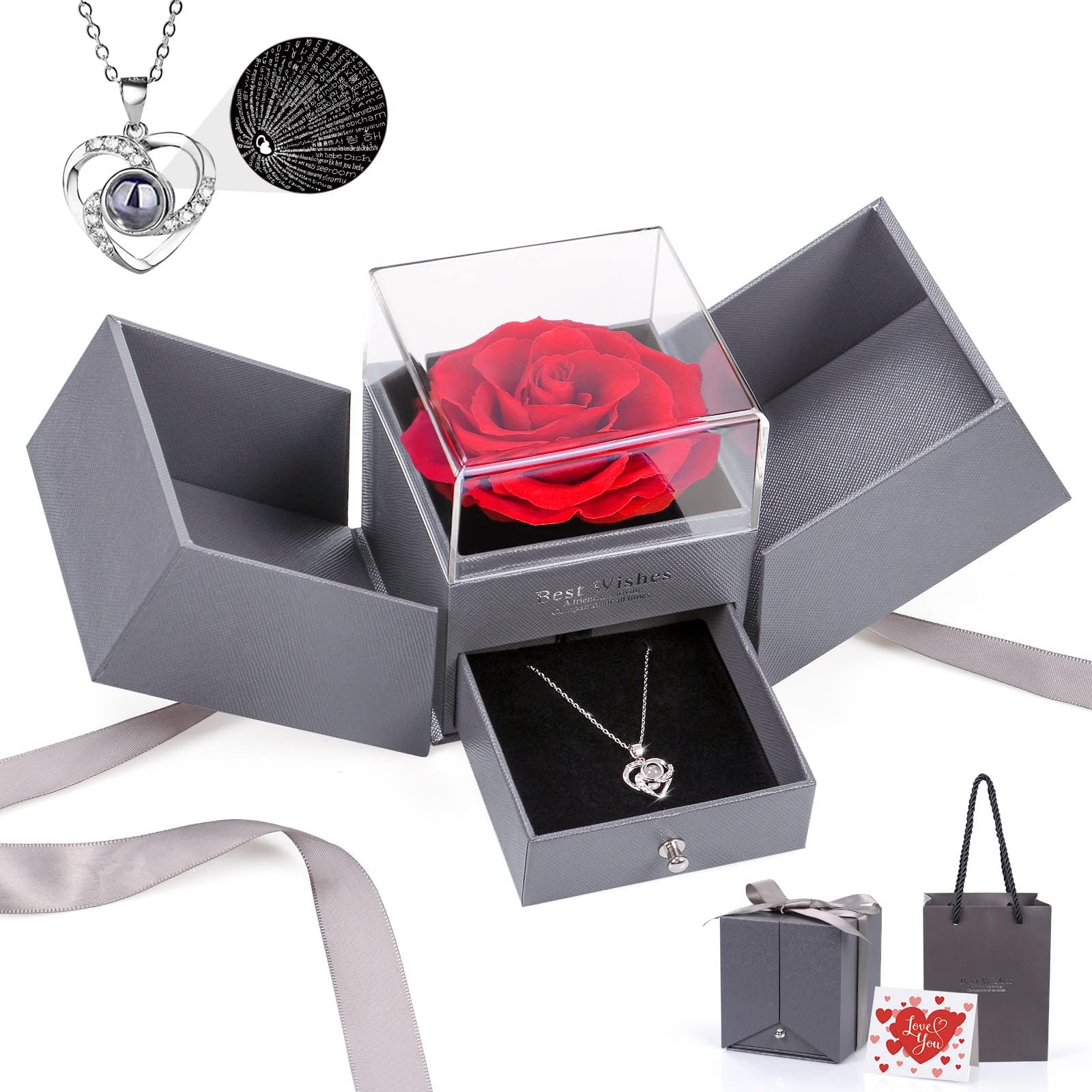 Digi4UPreserved Rose Gifts for Girlfriend Women with I Love You Necklace 100 Languages Gifts for Her on Birthday Anniversary