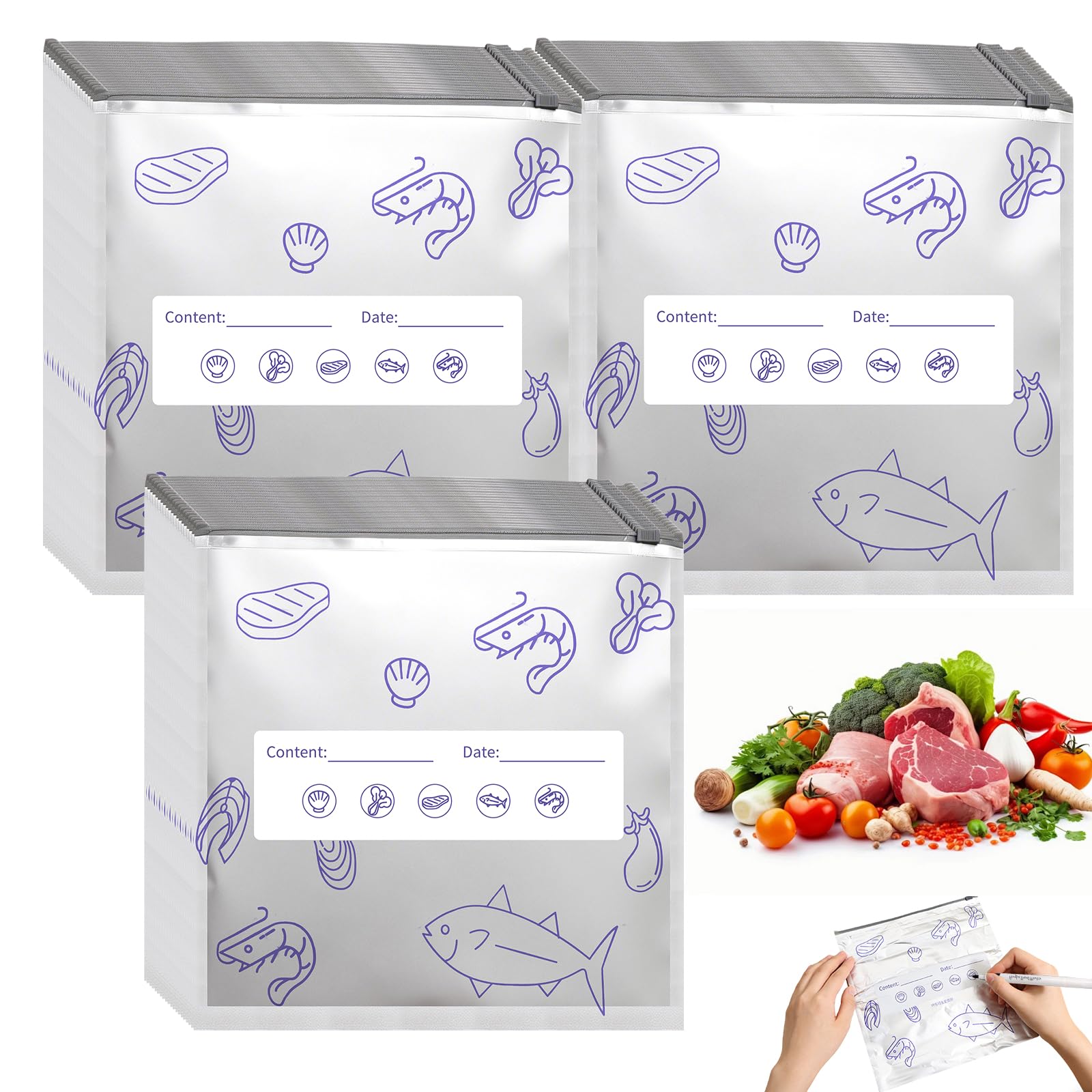 Solivive 60 Pack Heavy Duty Aluminium Foil Bags, Freezer Bags Reusable for Food, Meal Prep， Picnics, Camping, Storage Bags with Zip Lock & Black Marker Pen for Meat, Fish, Fruits, Vegetables (L)