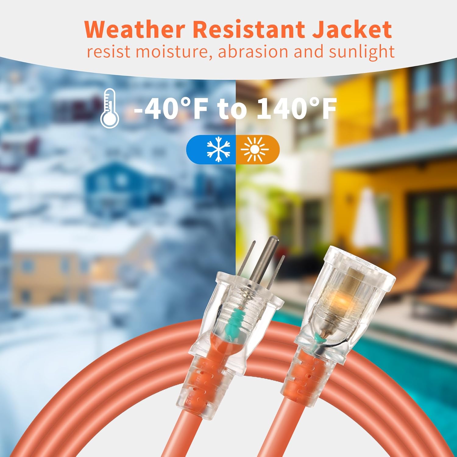 GOMEN 16 Gauge Extension Cord 25 ft with Lighted End - 16/3 SJTW Outdoor/Indoor Heavy Duty, 3 Prong Plug, Orange Weather Resistant Jacket, Applicable to Major Tools and Appliances, 2 Pack