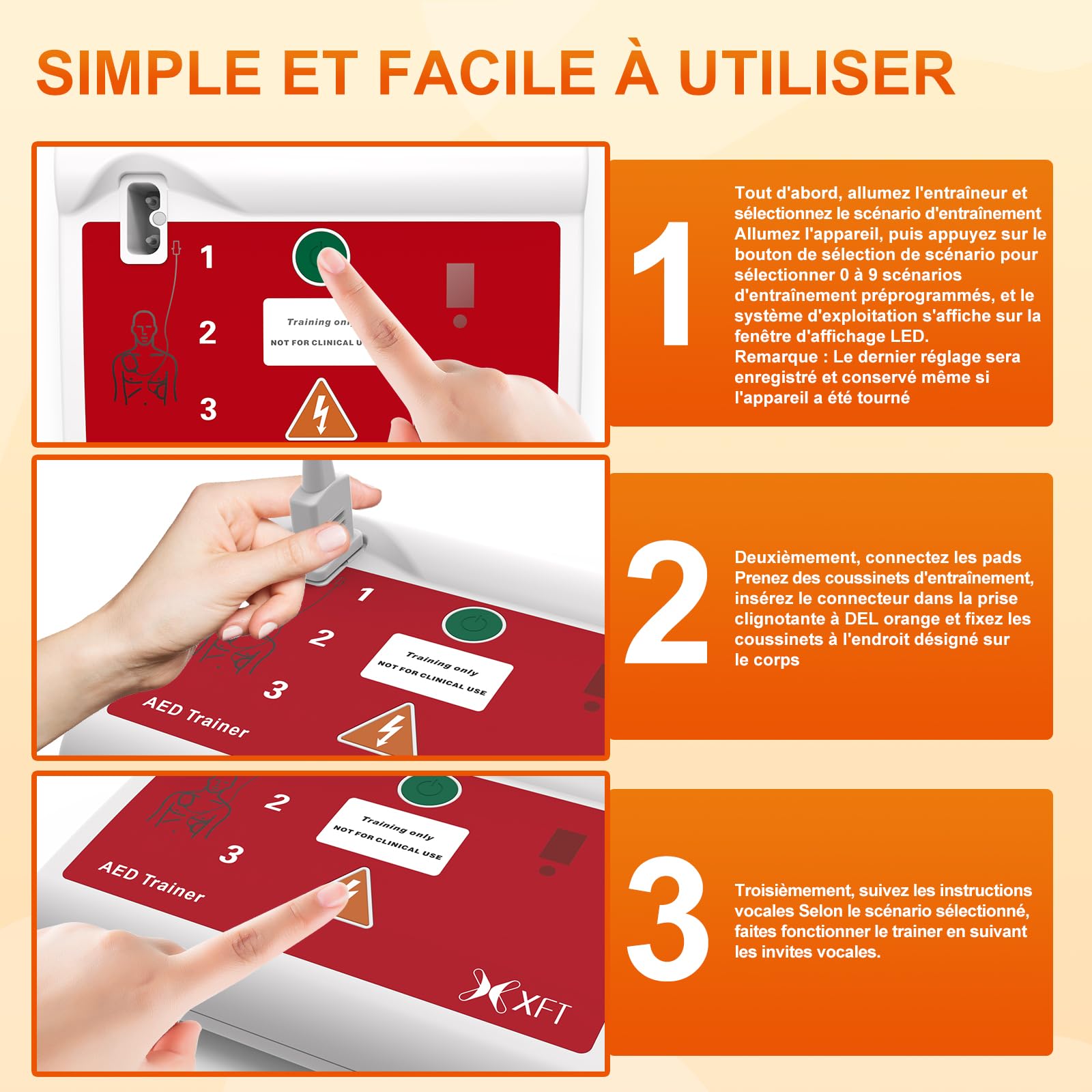 Défibrillateur de Formation - Appareil d'Entraînement de Défibrillateurs, 10 Scénarios Différents, Instructions Vocales en Français/Anglais avec Télécommande pour Formateur Défibrillateur (XFT-120C)