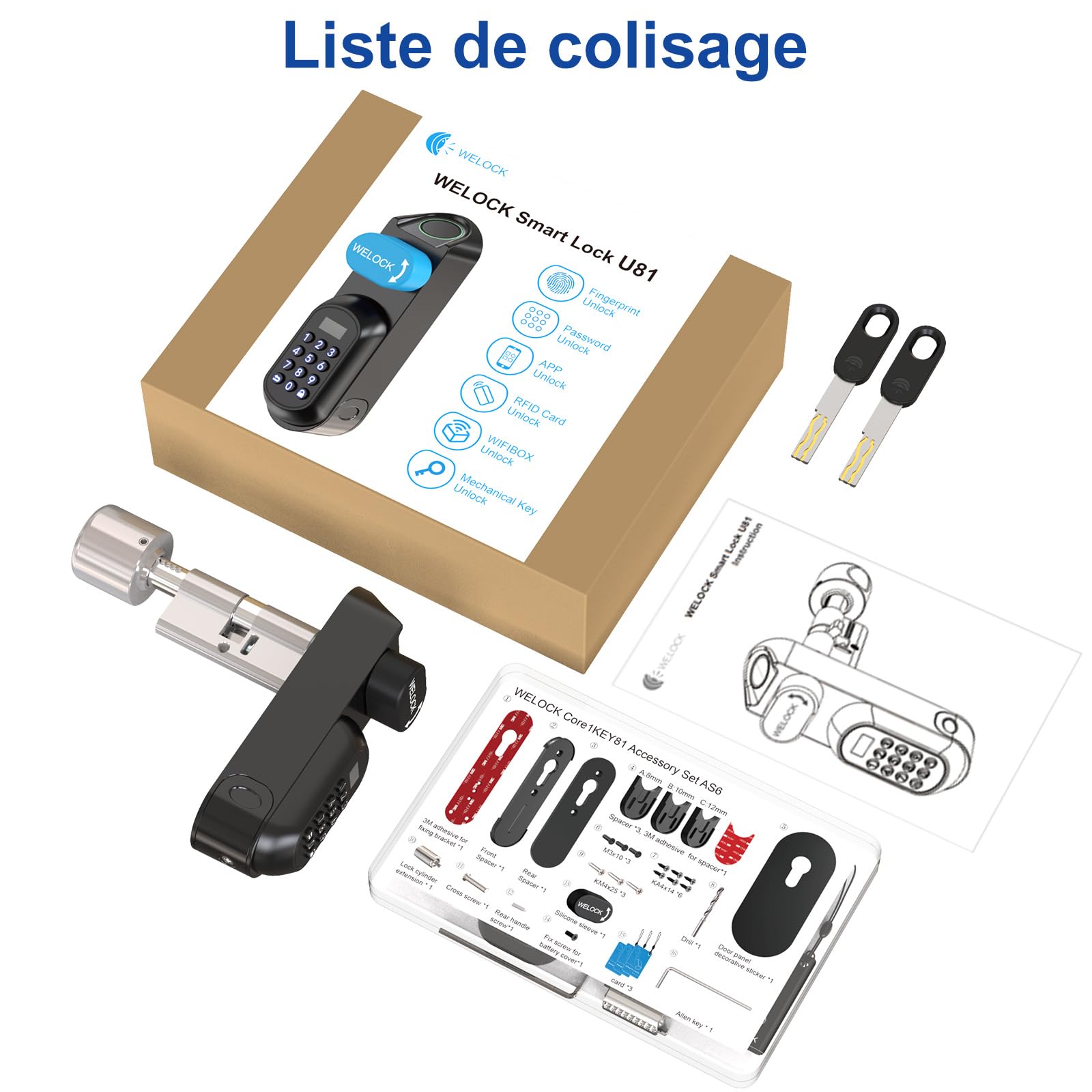 RUILON U81 Serrure connectée à code 30x30 - Cylindre empreinte digitale | Serrure biometrique avec 3 cartes RFID 2 clés, portes 50-95 mm, Facile à installer, Code temporaire, Airbnb Maison Chambre