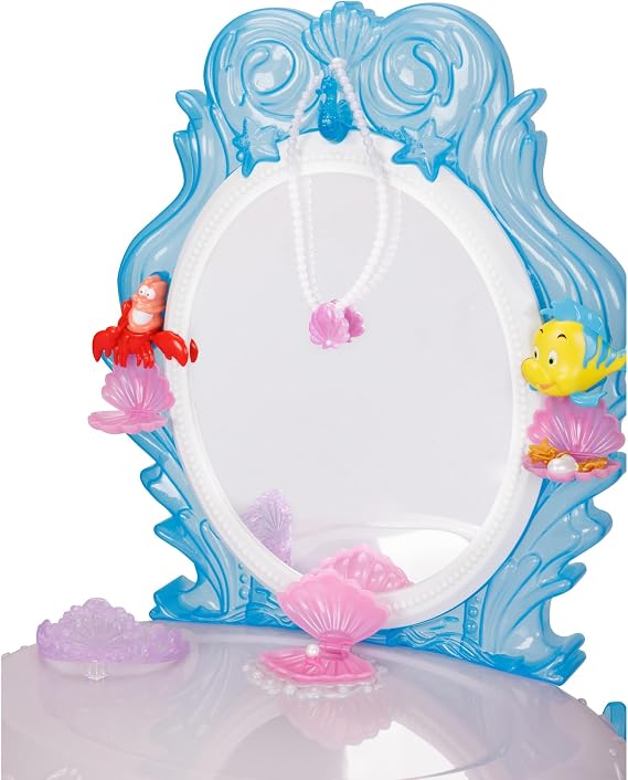 Disney Princess Ariel Vanity for Girls with Lights & Sounds, Plays Under The Sea - Magical Light Up Effect Looks Just Like Water! Pretend Play Girls Vanity Set with Mirror and Stool