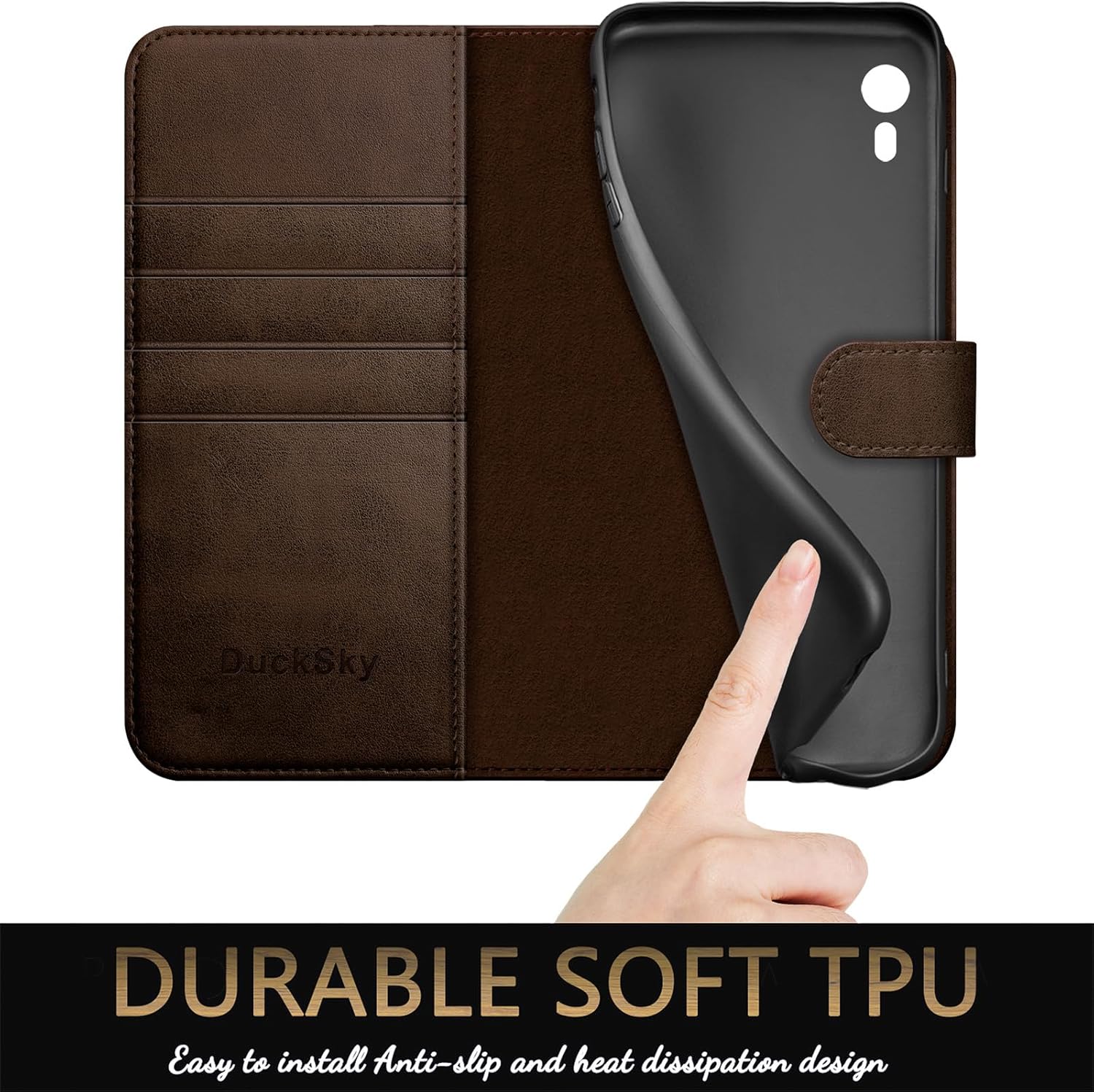 DuckSky for iPhone XR Genuine Leather Wallet case 【RFID Blocking】【4 Credit Card Holder】【Real Leather】 Flip Folio Book Phone case Protective Cover Women Men for Apple XR case Brown