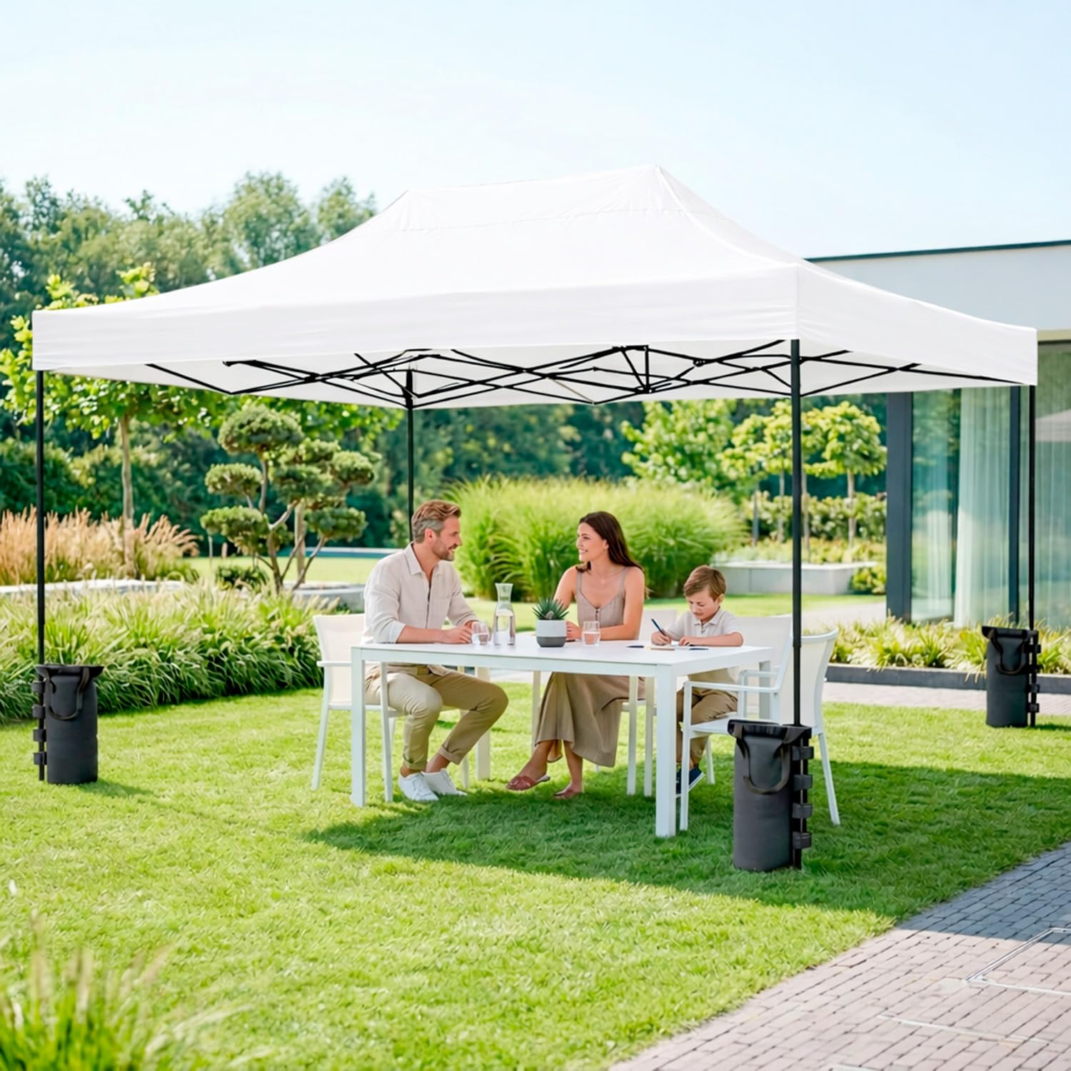 BRICOZONE Gazebo Professionale 3x4.5 Metri Pieghevole Impermeabile Con Struttura In Acciaio Rinforzata Telo Oxford 1200D PVC Protezione UV Con Sacche Zavorra Picchetti Corde E Borsa Custodia (Bianco)