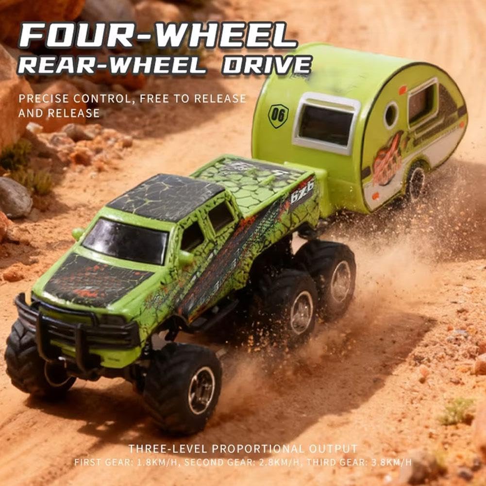 Mini Rc Truck,1/64 Scale Mini Remote Control Monster Truck with Trailer, 2.4Ghz Remote Control & APP, Rechargeable Alloy Shell RC Cars with Lights, Speed/Steering Adjustable (Black)