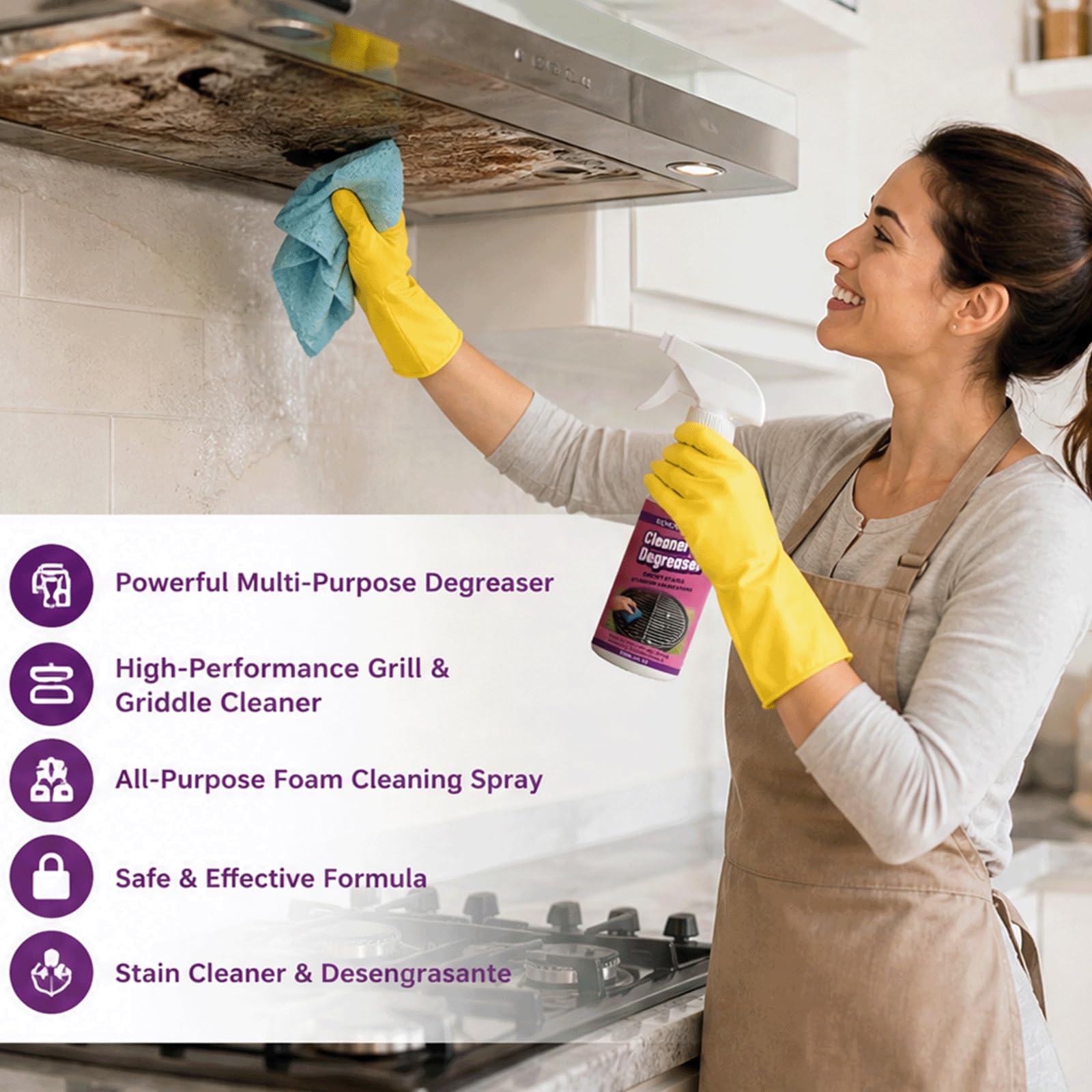 Spray desengrasante de cocina multiusos para trabajo pesado - Limpiador de manchas de aceite multisuperficie | Potente limpiador de espuma para alimentos quemados, grasa y barbacoa, (5 piezas)
