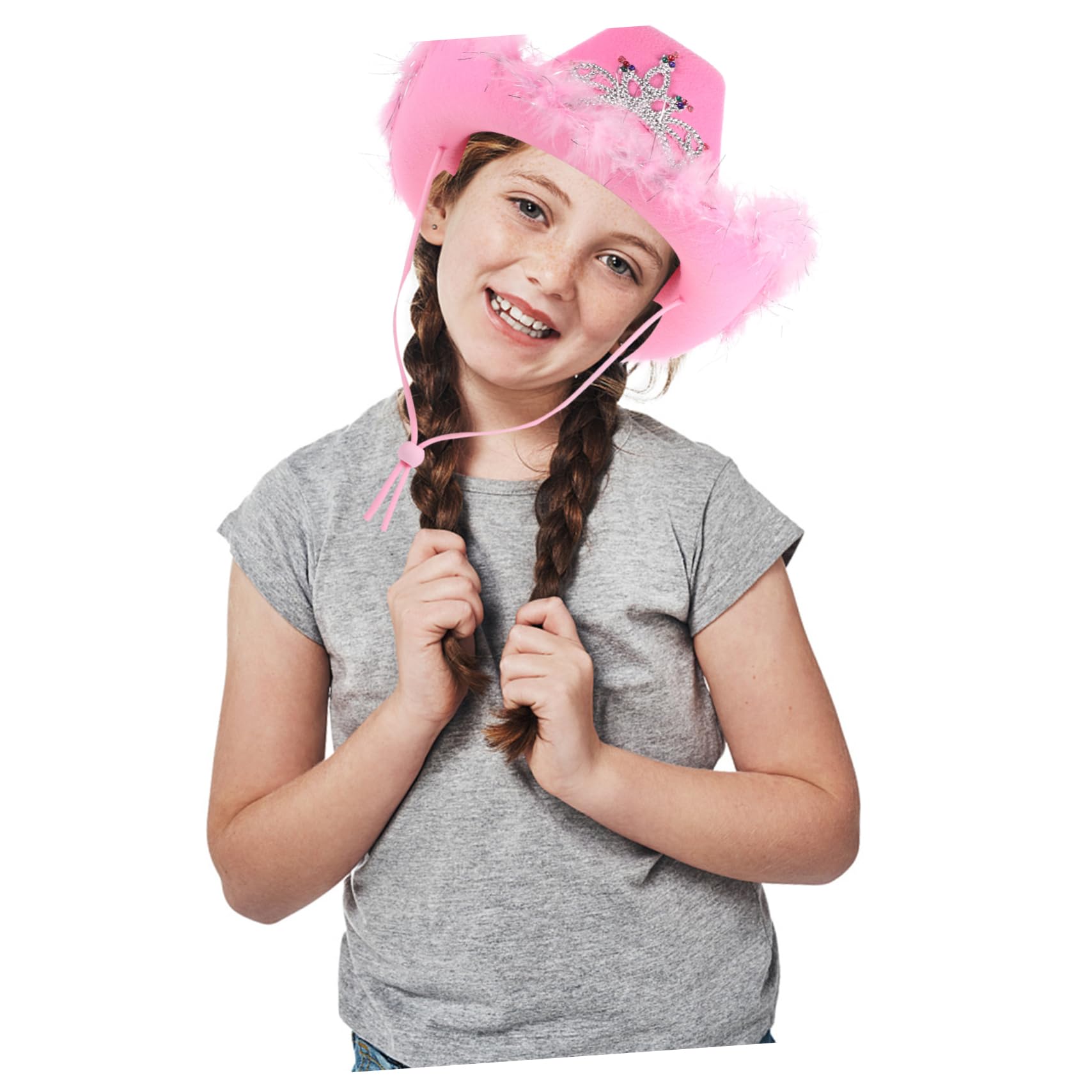 WOONEKY Sombrero de Mujer Rosa de Fieltro Estilo Occidental Luces, Cómodo para Cosplay y Juegos de Rol, Diseño de Vaquero Borde de Plumas
