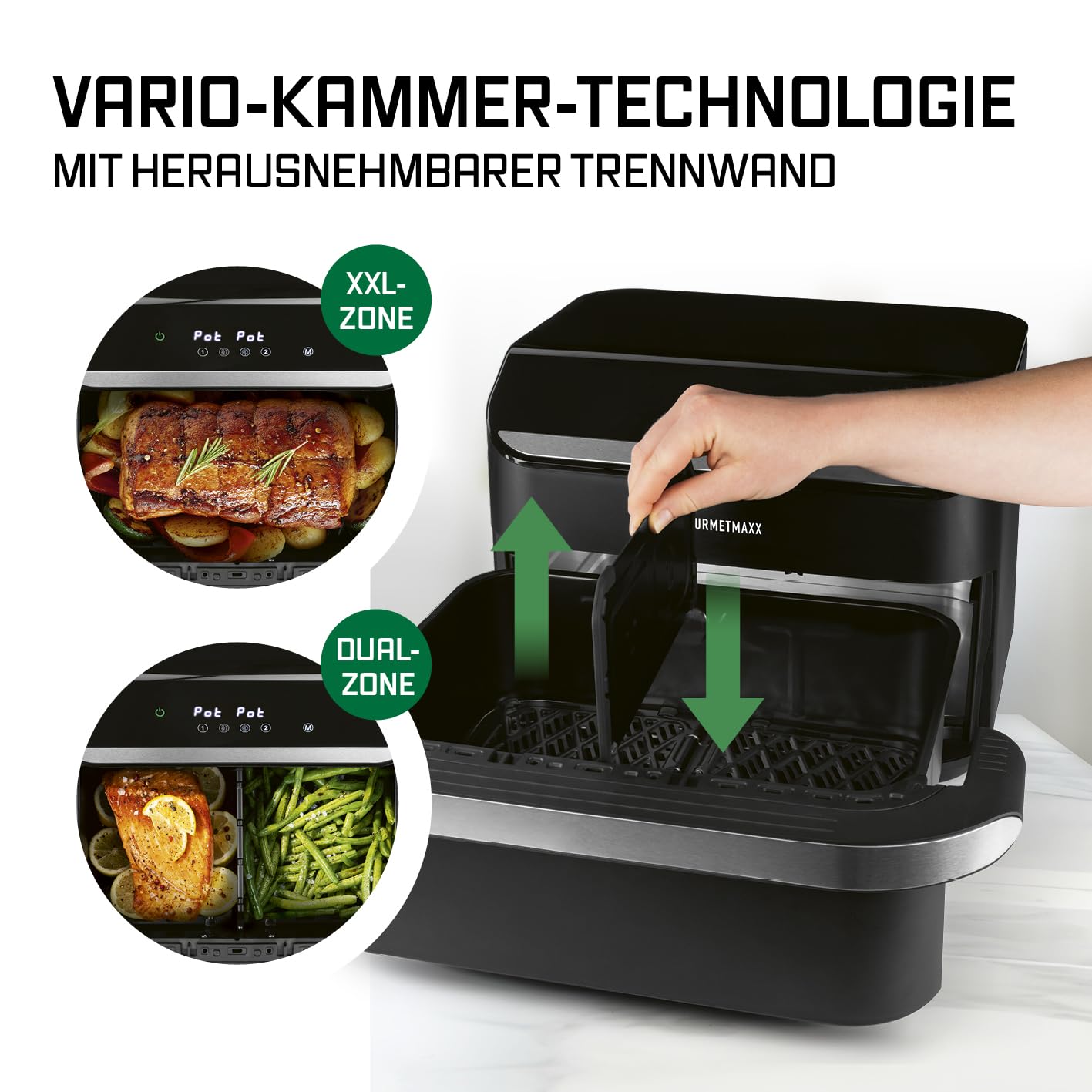 GOURMETmaxx Heißluftfritteuse, 10 L - 2 x 5 L Airfryer Vario-Kammer | Fritteuse mit 8 Programmen & Touchscreen | Heißluftfritteuse 2 Kammern – 2 Speisen gleichzeitig zubereiten | für max. 8 Personen