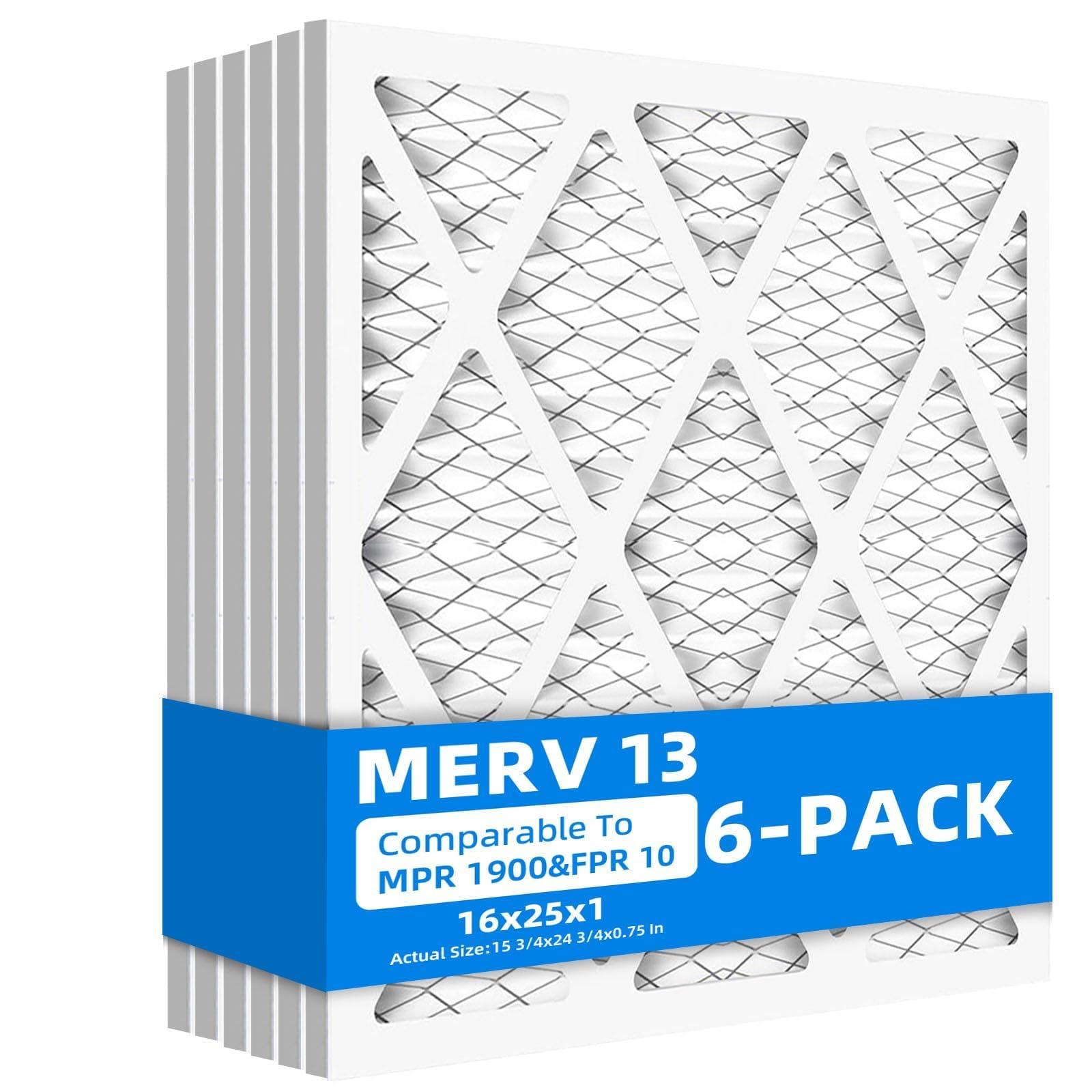 (6 pack) 16x25x1 furnace air filters, mpr 1900 & fpr 10, merv 13 pleated air filter (actual size: 15.75"x24.75"x0.75")