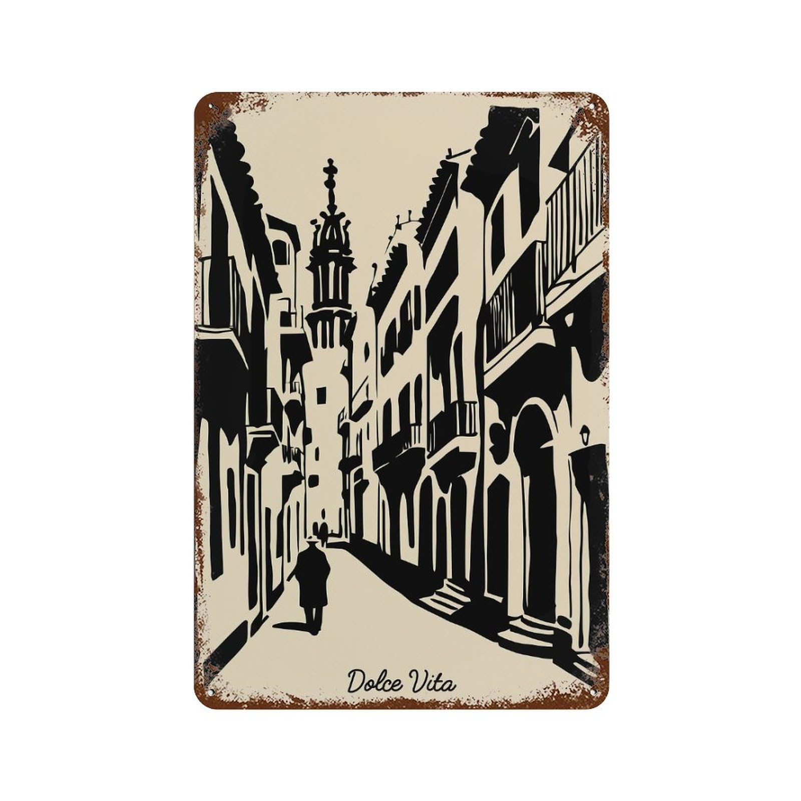 Dolce Vita Street Scene Illustration Rusty Metal Tin Sign 11.8"x7.9", Old School Wall Decor for Garage, Pub Or Kitchen