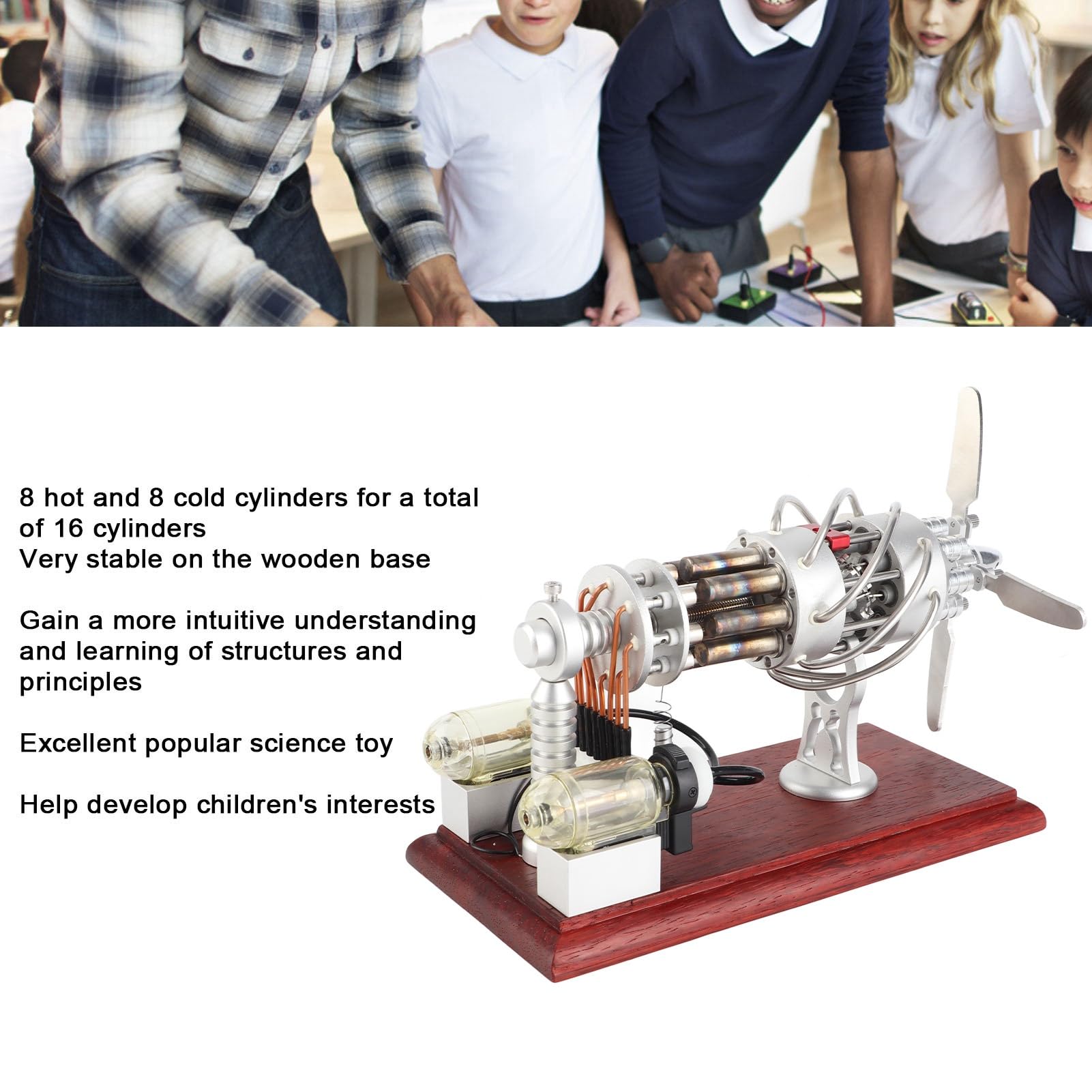 Kit modello motore Stirling 16 cilindri Piatto oscillante Generatore di aria calda Giocattolo scientifico educativo per bambini Progetti scientifici Apprendimento della fisica