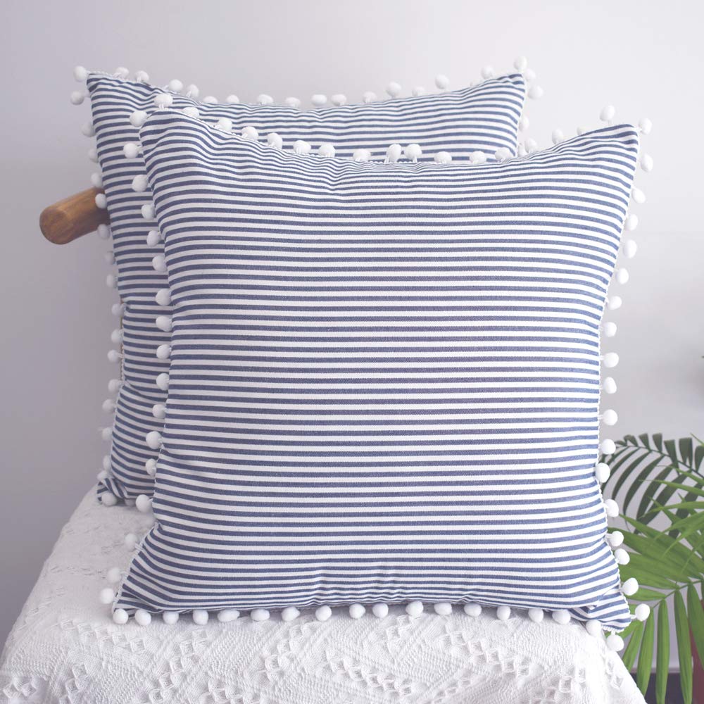 HOPLEE Decorative Pillow Covers 18x18 Farmhouse Stripe Pillows Covers Navy Blue Pillow Covers with Pom Pom for Home Decor 18x18 Inches Set of 2