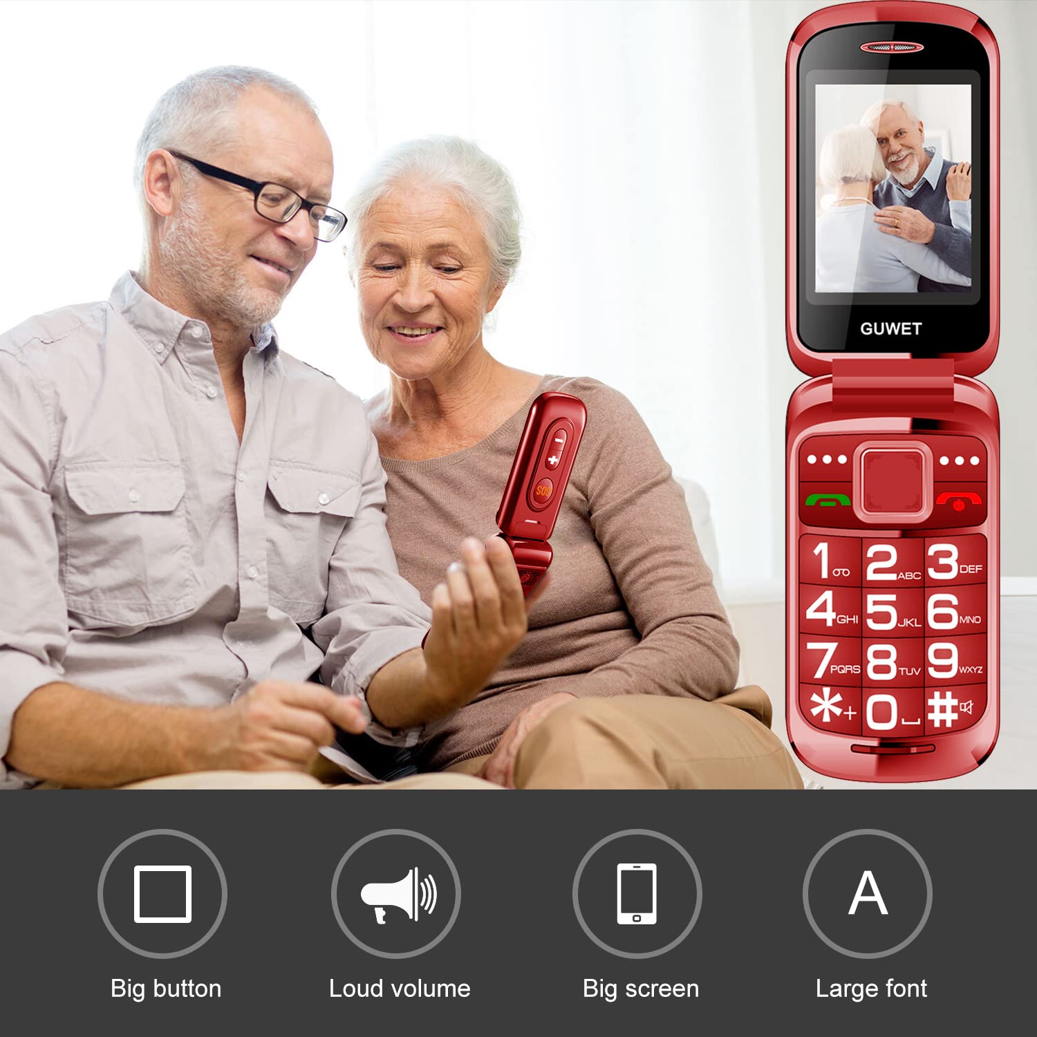 Teléfono Móvil con Tapa para Personas Mayores Dual SIM Telefono Móvil Basico con Teclas Grandes, Pantalla de 2,4 Pulgadas, 1400mAh Batería,Botón SOS, Fácil de Usar (Rojo)