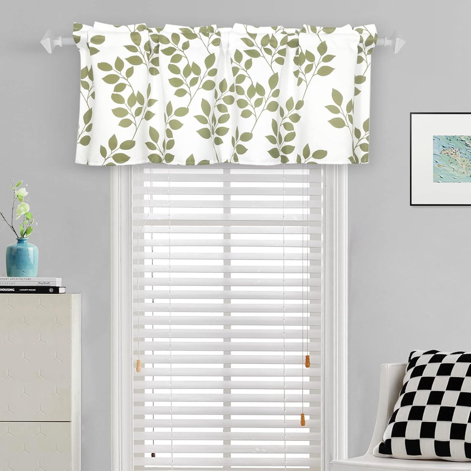 poefun 2 Panels Sage Green Valance Curtains 18 Inches Long Leaf Printed, Rod Pocket Short Curtain Valances for Kitchen/Windows/Living Room/Bedroom/Bathroom 52 x 18