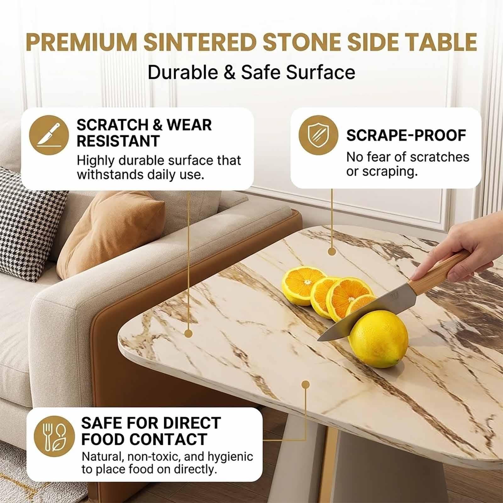 Mesa Auxiliar Moderna con Tablero de Piedra Sinterizada y Base Metálica