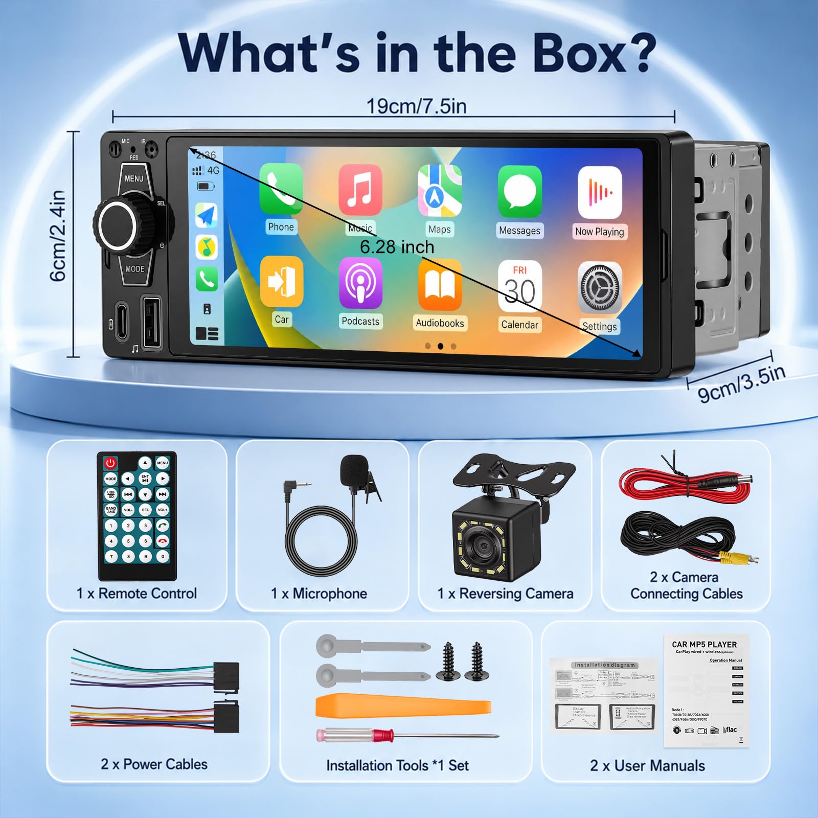 1DIN Autoradio mit Wireless CarPlay&Android Auto, Auto Radio mit Bildschirm
