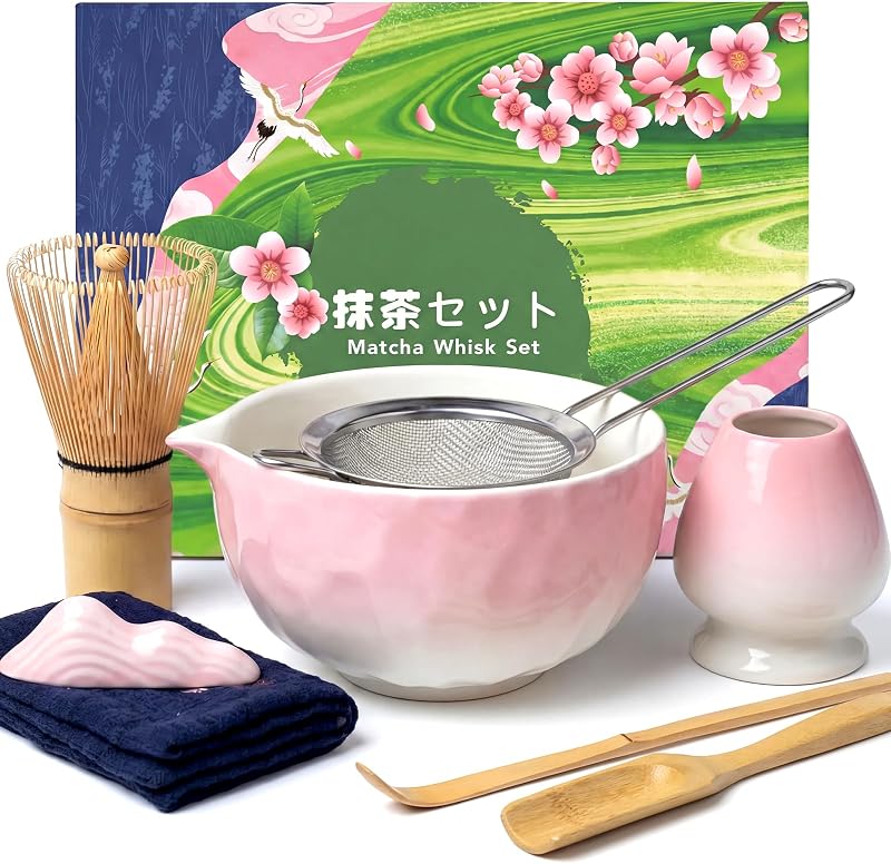 8 Piece Matcha Kit, Matcha Ceramic Set with Matcha Whisk, Bowl, Spoon, Filter, Holder, Artisan Tea Ceremony Set, Matcha Kit for Ideal Tea Enthusiasts, Pink