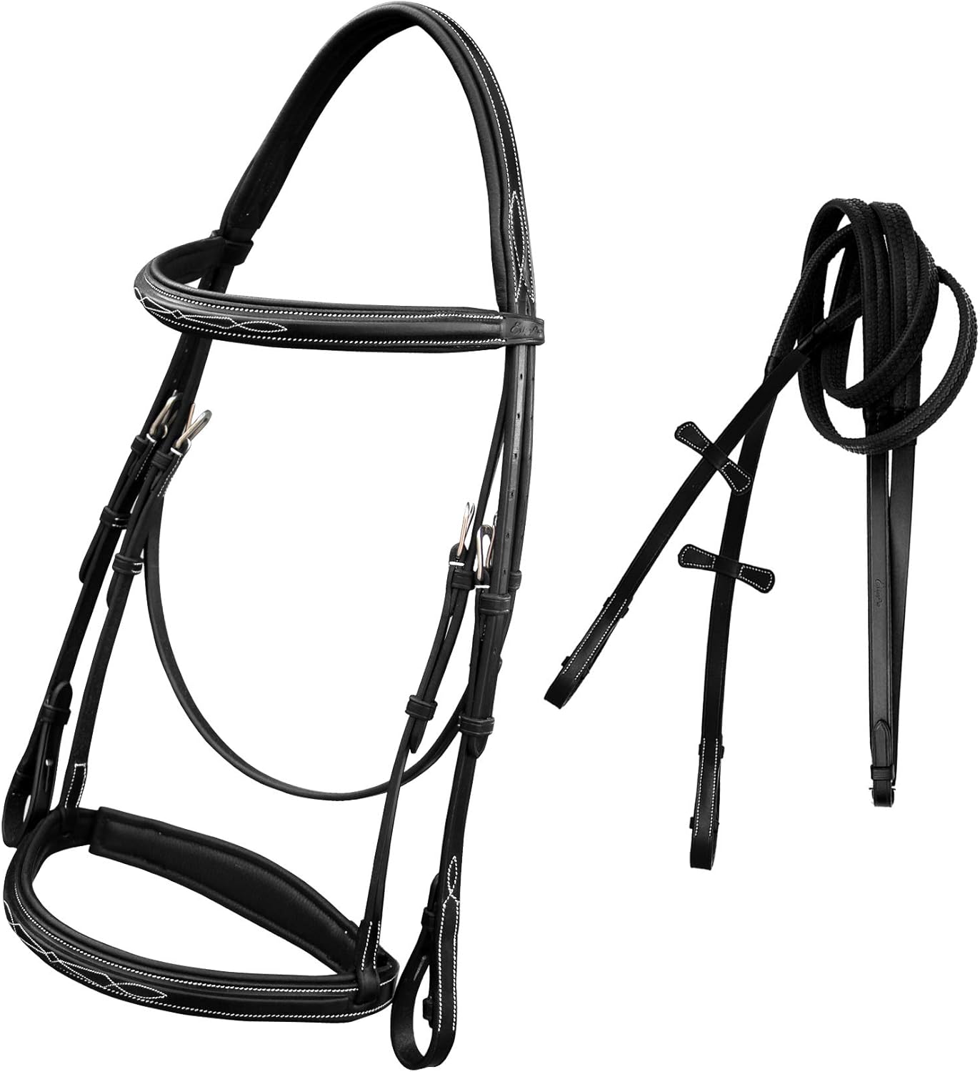 Exion English Hunter Bridle with Designer Stitched Browband & Hunter Noseband – Anatomical Mono Crownpiece, Padded Noseband, Rubber Reins – Horse, Cob, Pony, Oversize – Black, Havana, Oak Brown