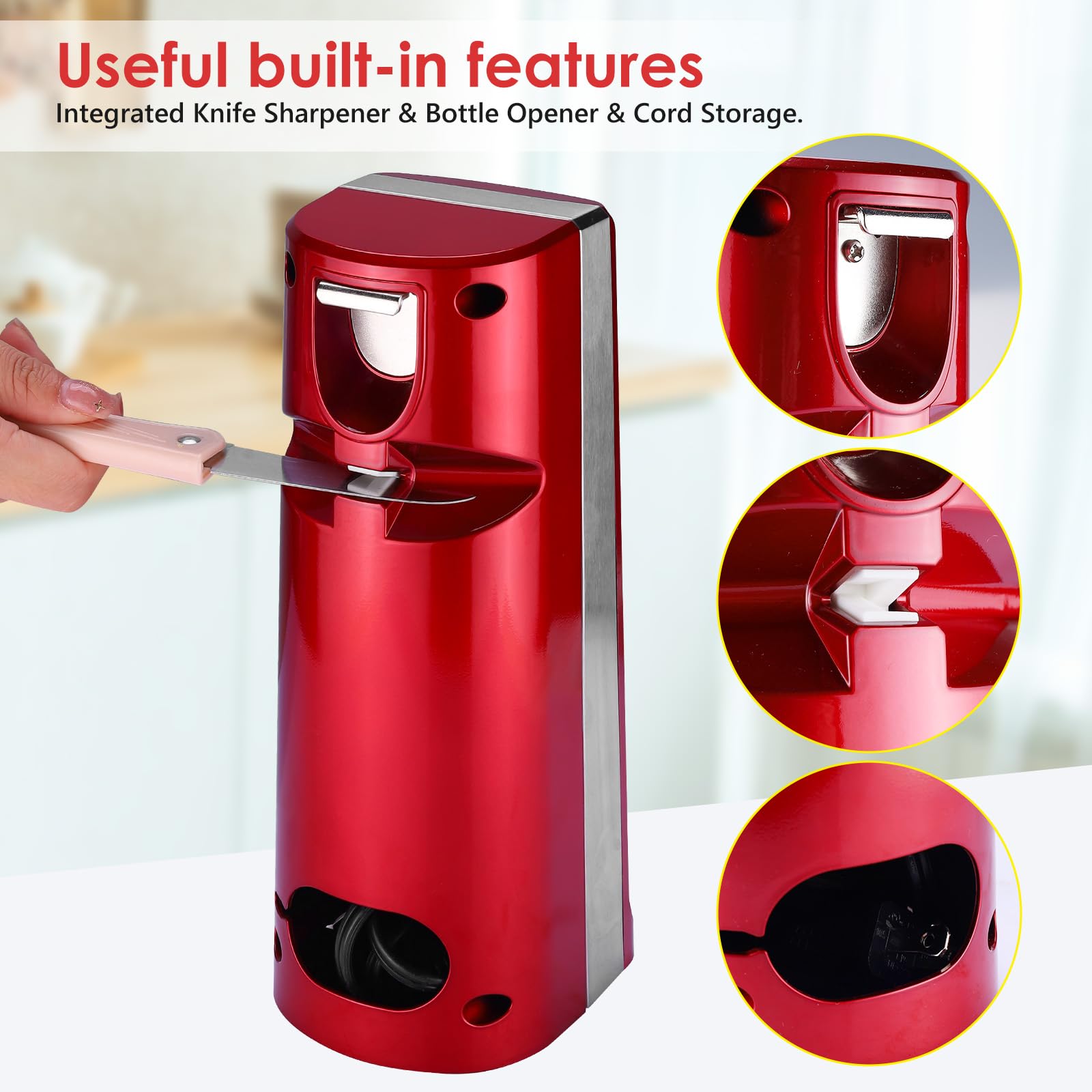 Davivy Electric Can Opener for One Touch Lid Opening,Removable Stainless Steel Cutter and 3- in-1 Design with Knife Sharpener and Bottle Opener, Red