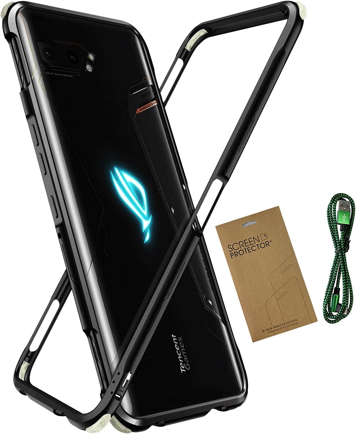 MME [4 Items] MME ASUS ROG 2 Phone Case + HD Screen Protector + Skin Back + Power Charger Cable Ultra Slim Aluminum Metal Bumper (Black)