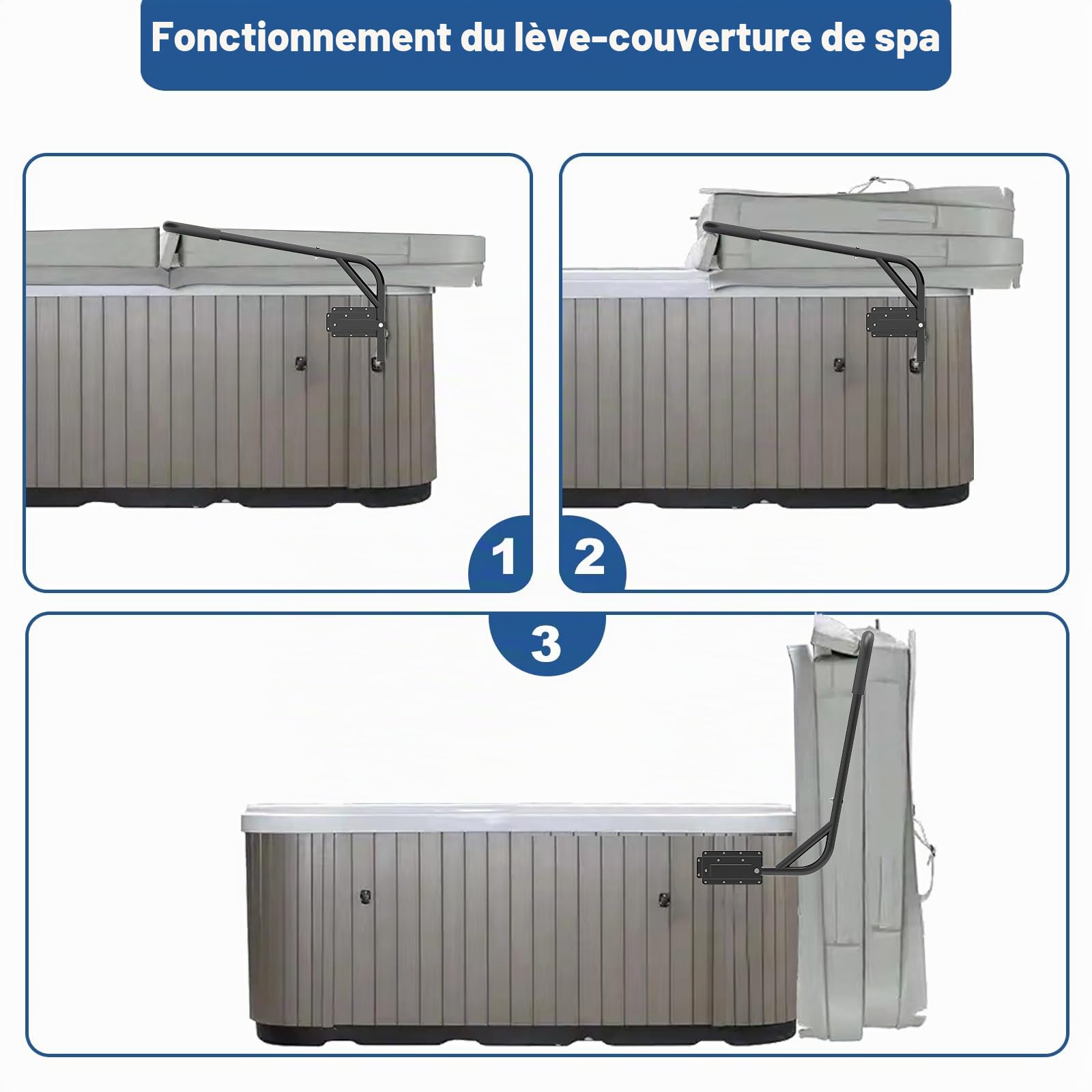 TOCRETOARE Élévateur de couverture de jacuzzi, système de retrait de couverture de jacuzzi, hauteur et largeur réglables, convient à la plupart des spas