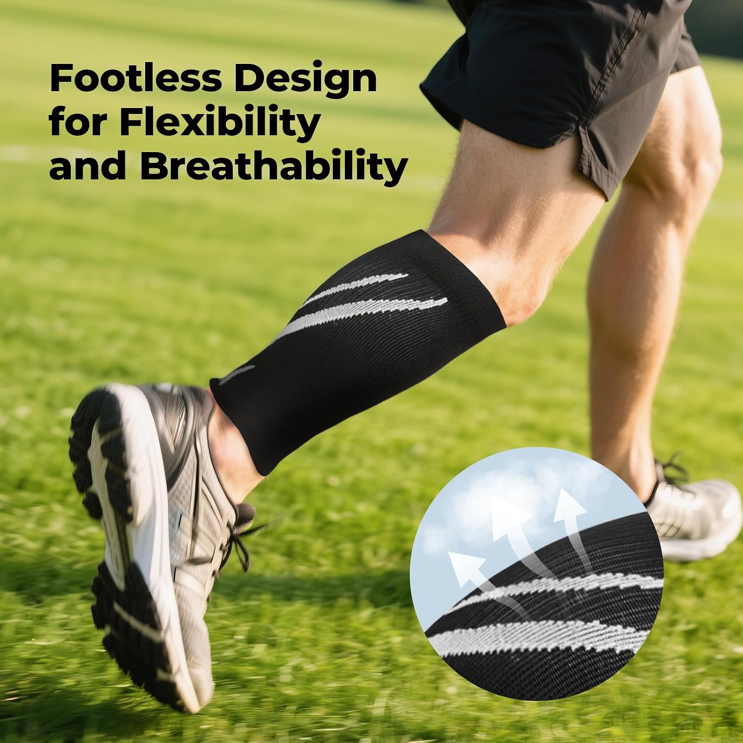 Calf Compression Sleeves for Men & Women (1 Pair), Footless Compression Socks for Leg Support, Shin Splints, Running, Fitness, Travel, Breathable Nylon & Spandex Calf Sleeves, Black