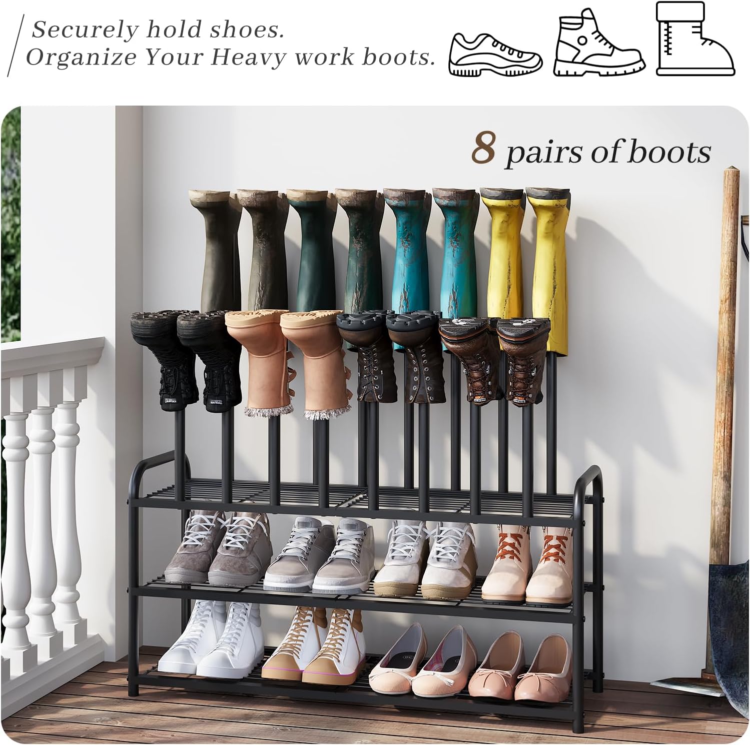 Shoe Rack - 3-Tier Metal Boot Rack Organizer for Entryway, Closet & Garage, Free Standing Shoe Shelf for Storage Tall Boots, Sneakers, Cowboy Boots, Black (Large - 8 Pairs) - Image 5