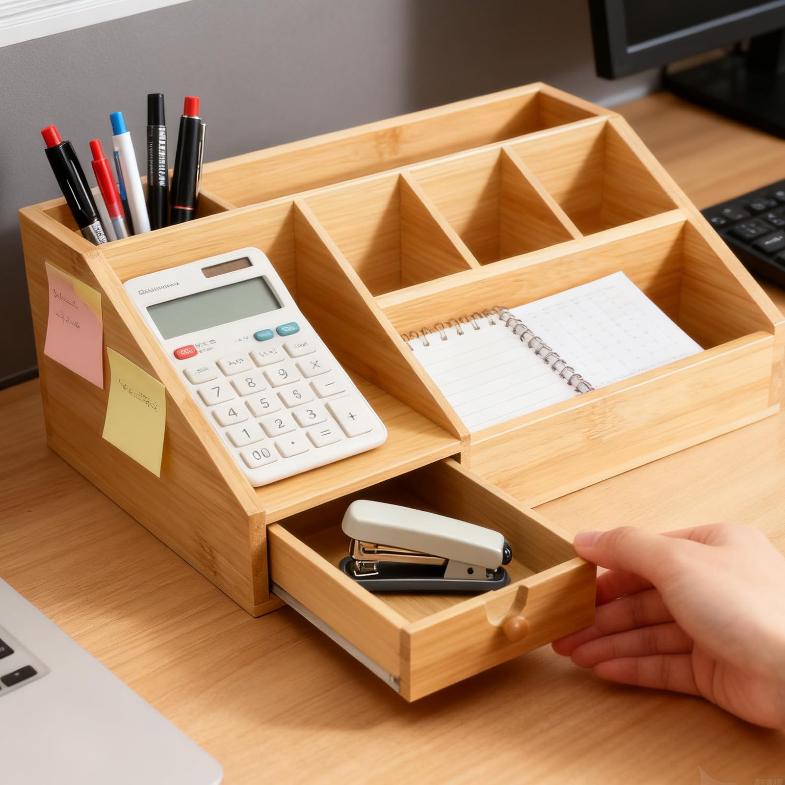 GBKDQQ Organizzatore da scrivania in bambù con cassetto, organizer da scrivania in legno, organizzatore da tavolo, portapenne in bambù, ripiano per ufficio e casa, 24,5 x 15 x 11 cm
