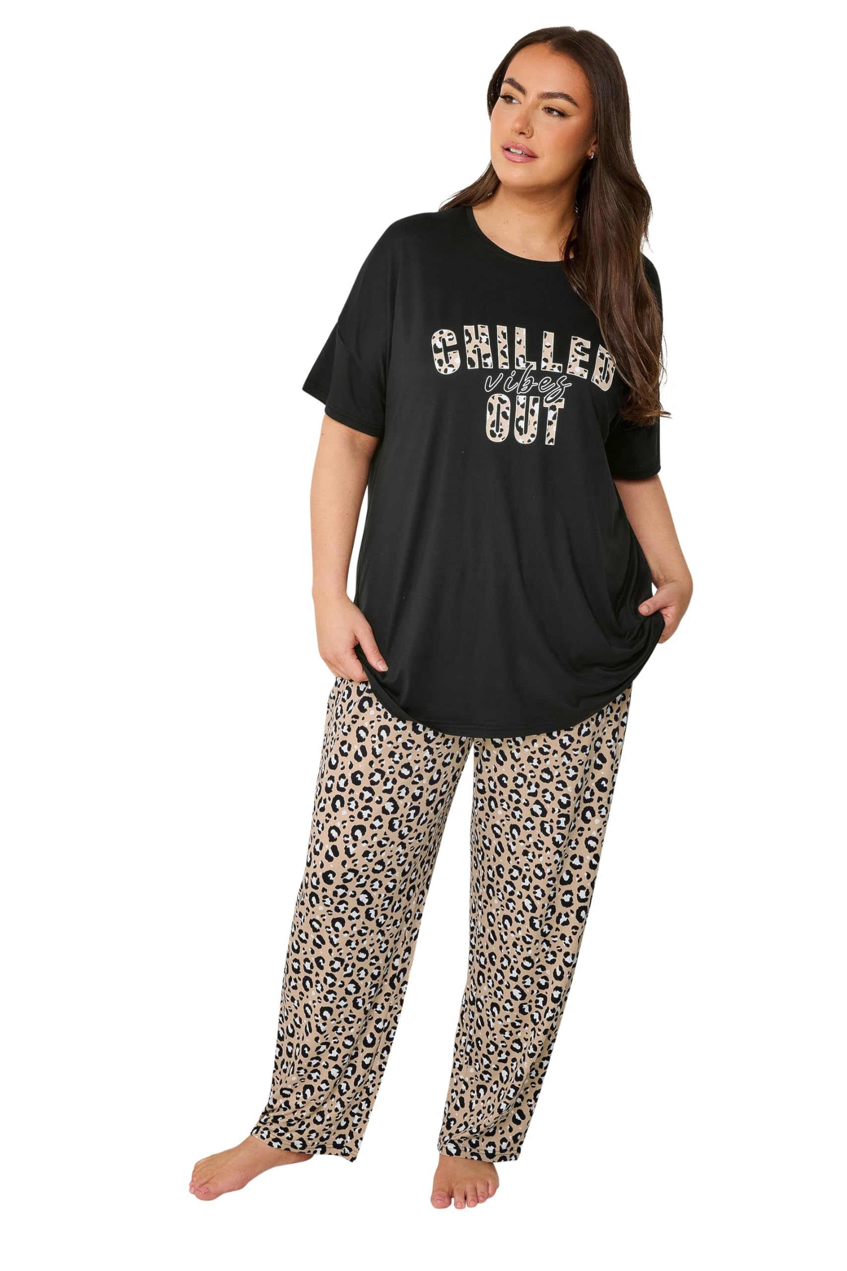 Yours Curve 'Chilled Out Vibes' Leopard Wide Leg Pyjama Set - Women's - Plus Size Curve Black
