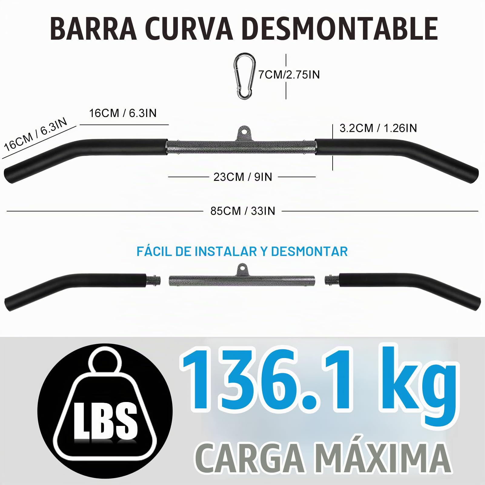 Barra Poleas Gym, Barra Poleas Gimnasio en Casa para Lat Pulldown Máquinas Barra Espalda Polea con Mosquetón Barra Dorsal Polea Entrenamiento de los Hombros, Espalda, Tríceps